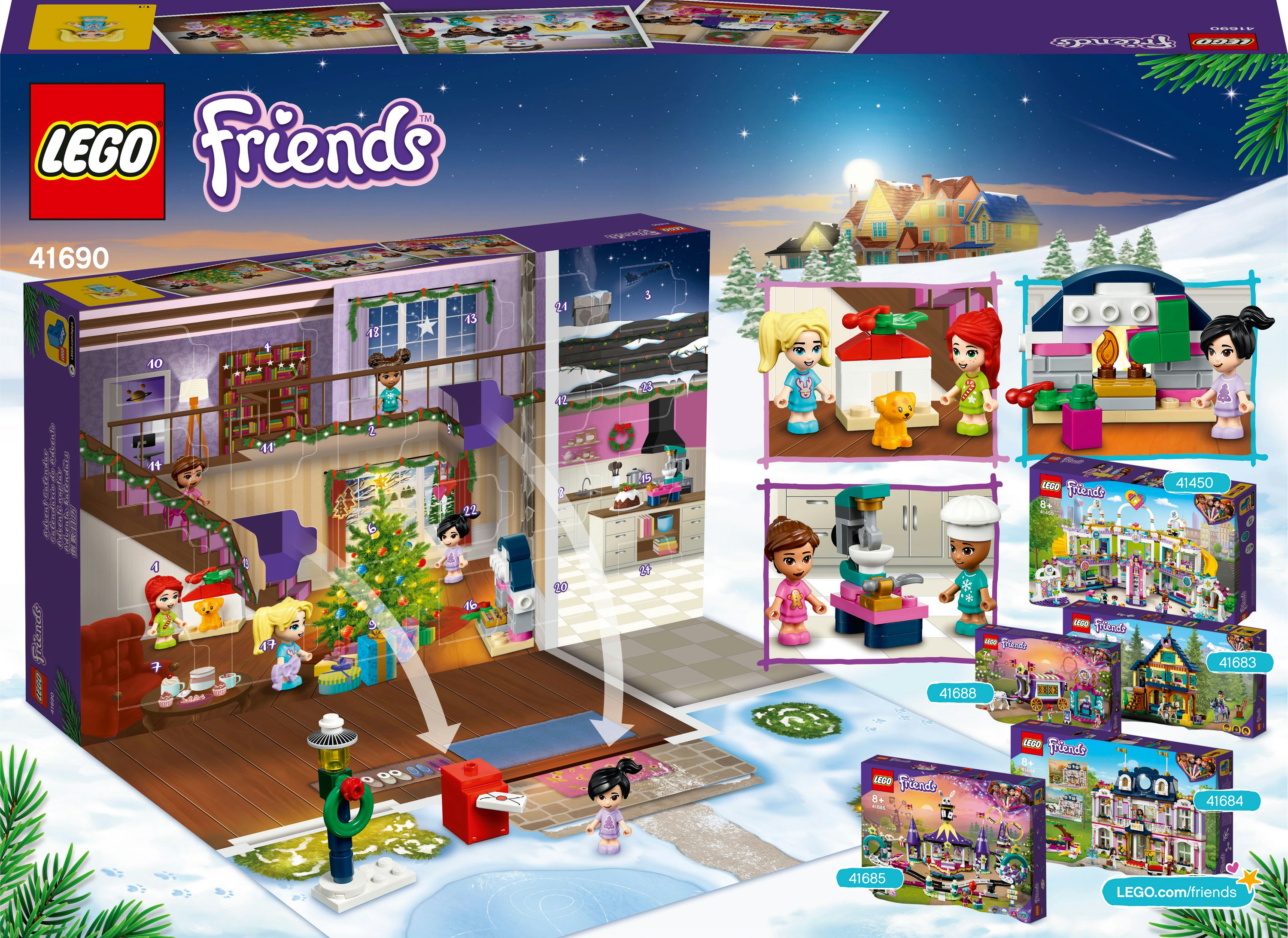 Lego Friends advent calendar box with illustrations and several small Lego scenes.