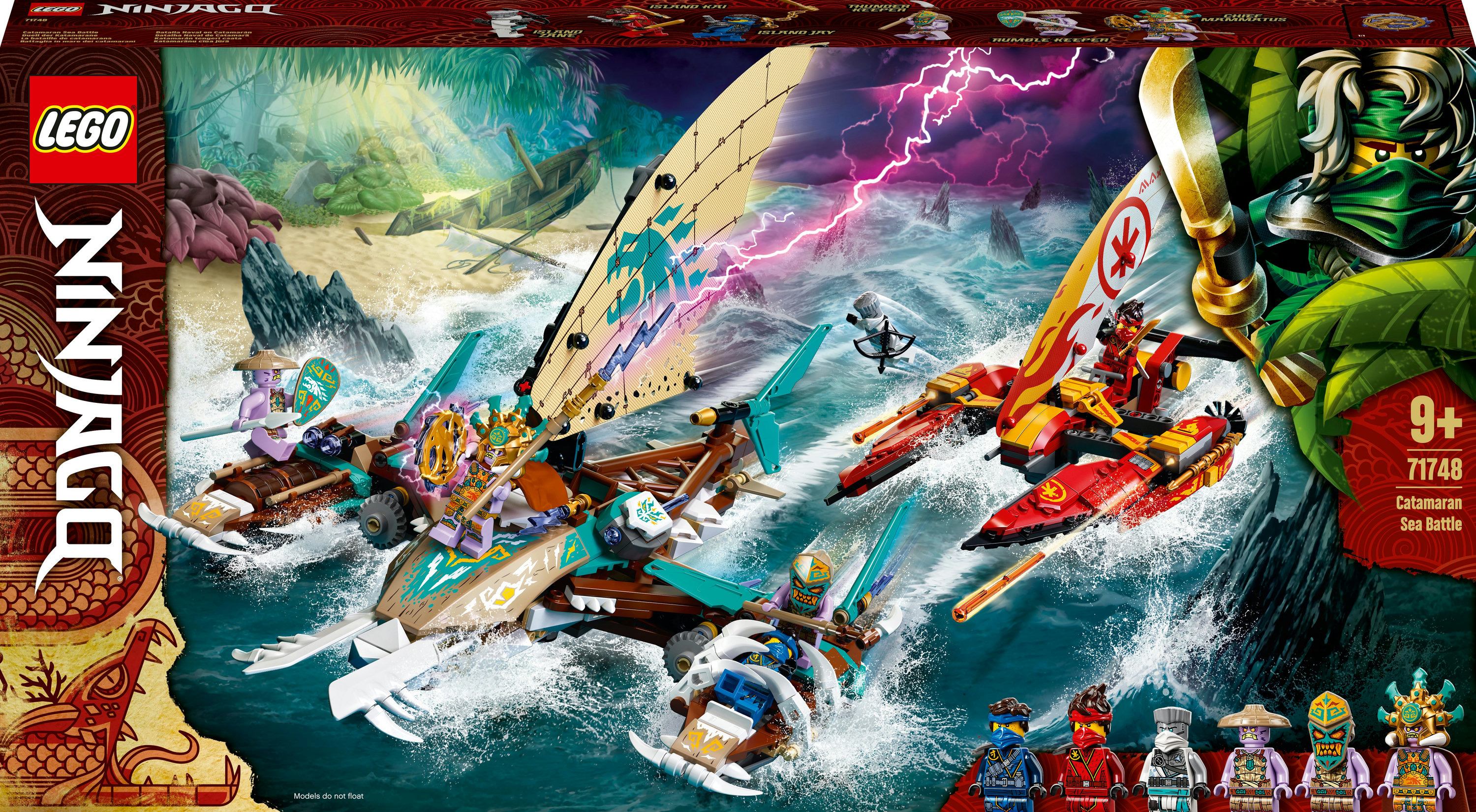 İki tekne, ninjalar ve fırtınalı su içeren bir deniz savaşı sahnesiyle Lego Ninjago seti kutusu.