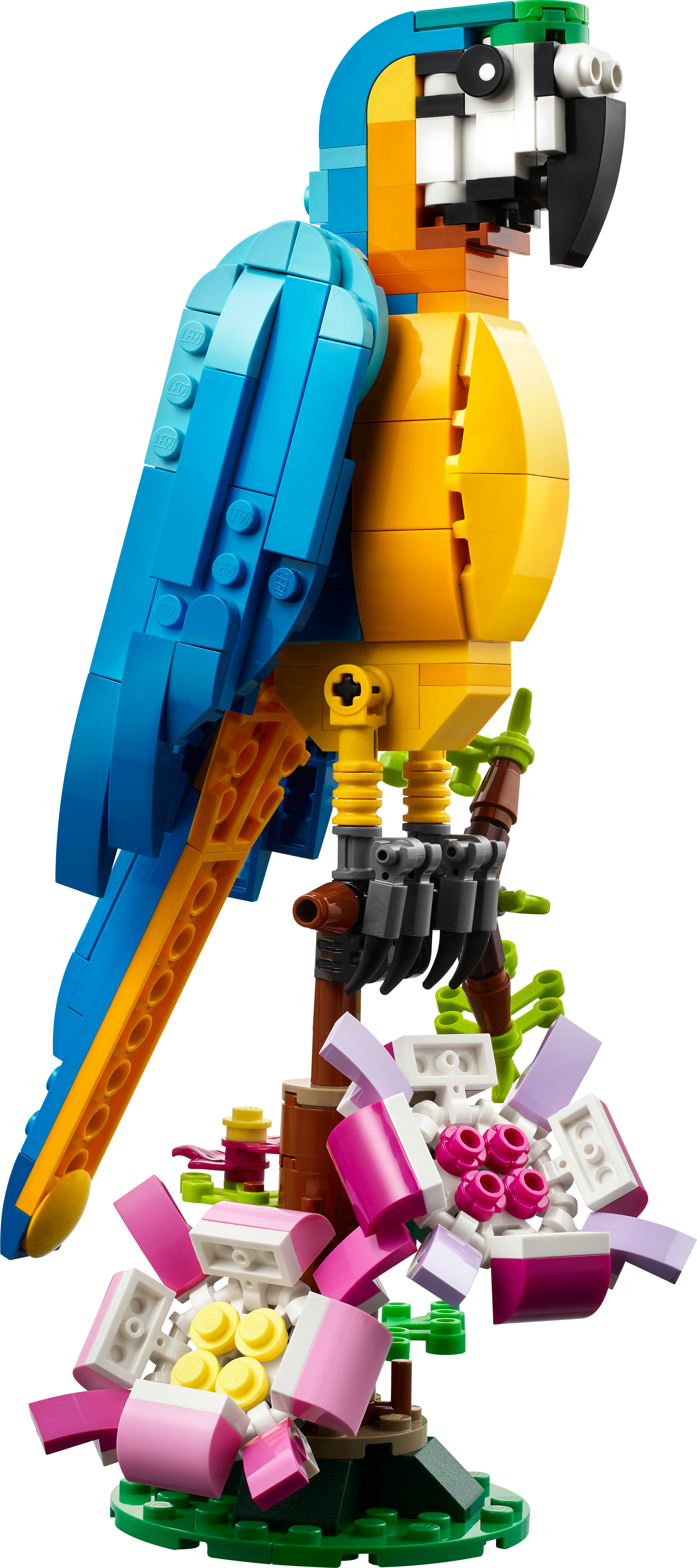 Lego papuga ara, niebieska, żółta i biała.