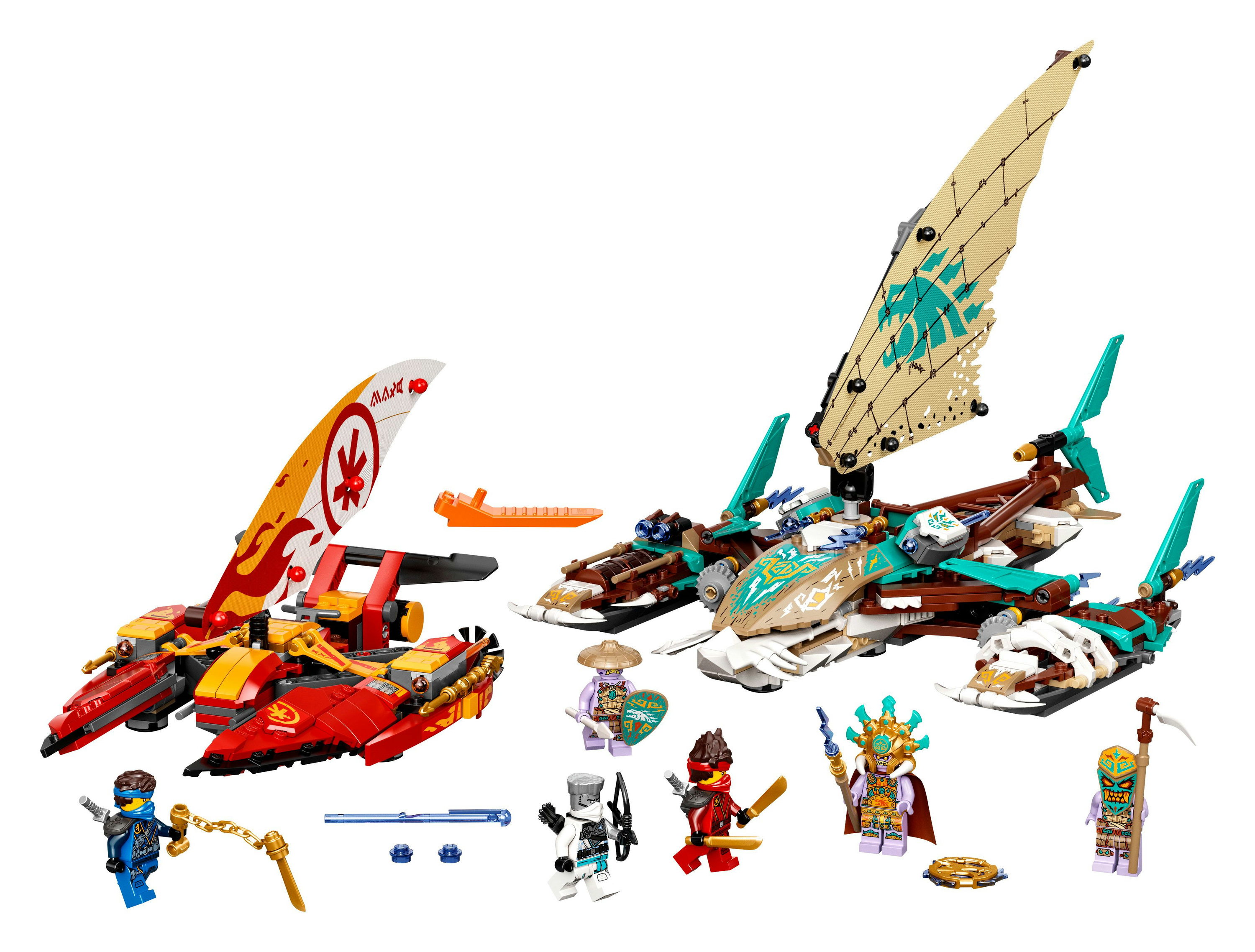 Beyaz arka planda tekneler, figürler ve silahlarla LEGO Ninjago setleri.