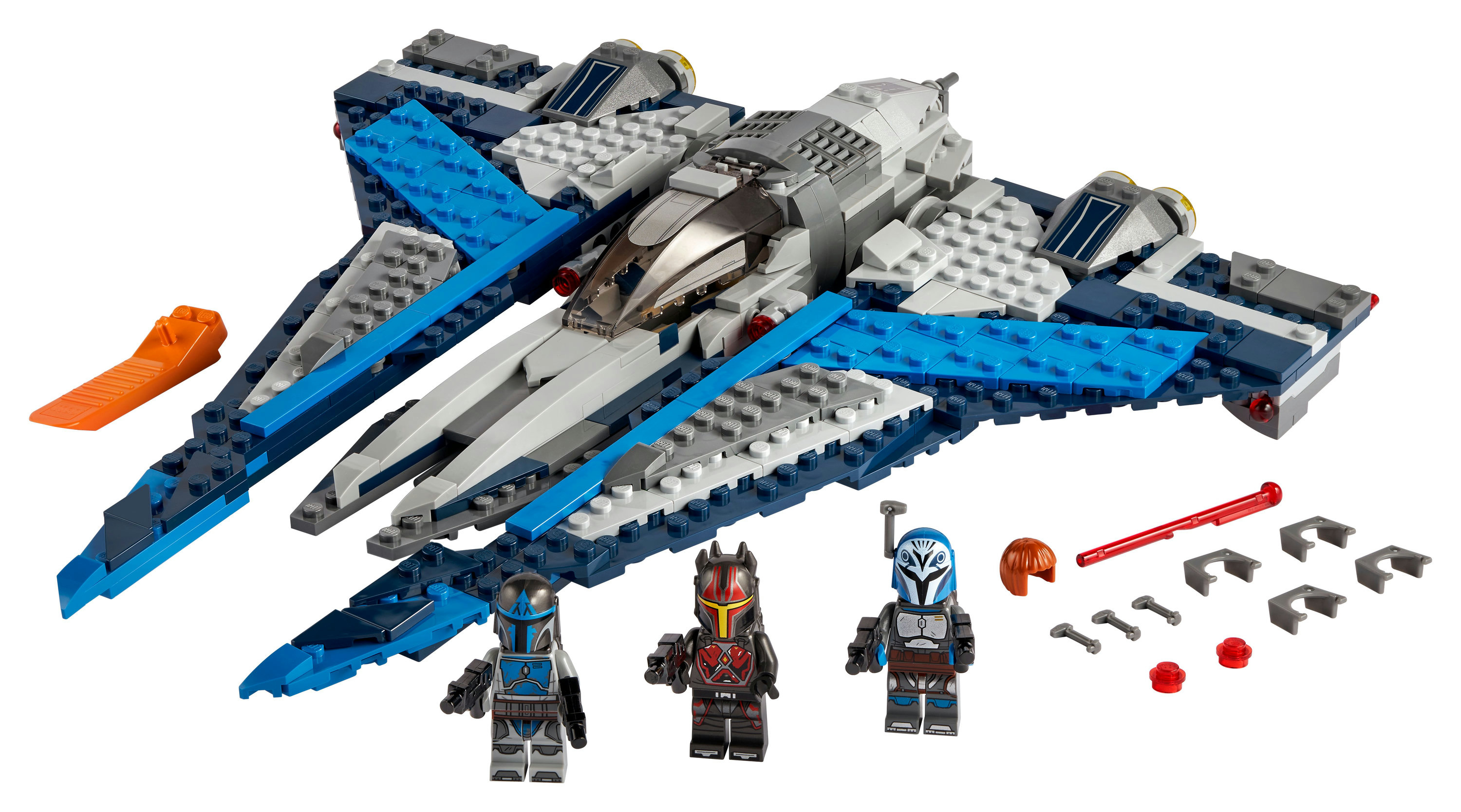 Set Lego Star Wars: Astronave blu e grigia con tre minifigure e accessori.