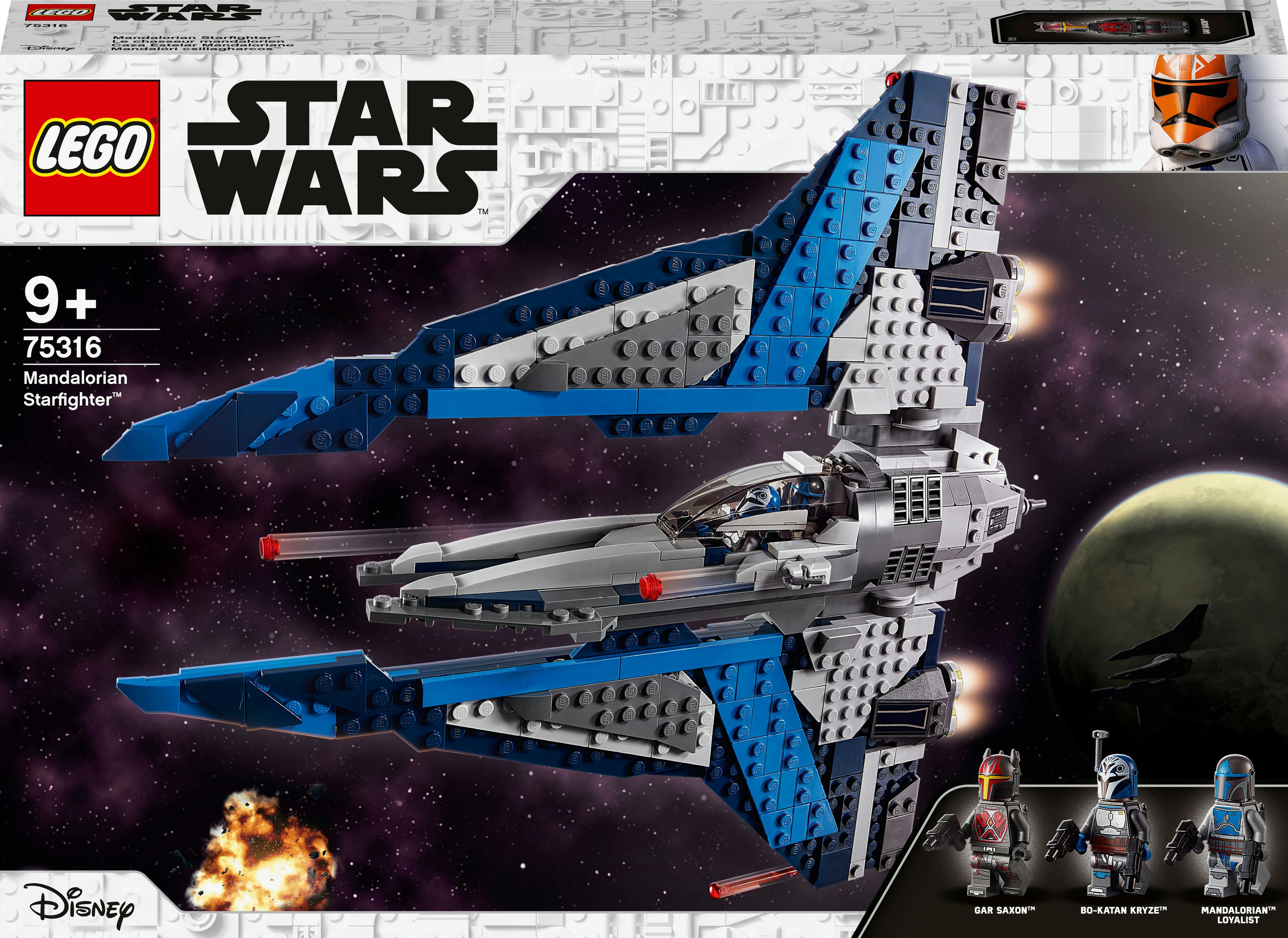 Scatola Lego Star Wars Mandalorian Starfighter. Presenta la nave, personaggi e logo.
