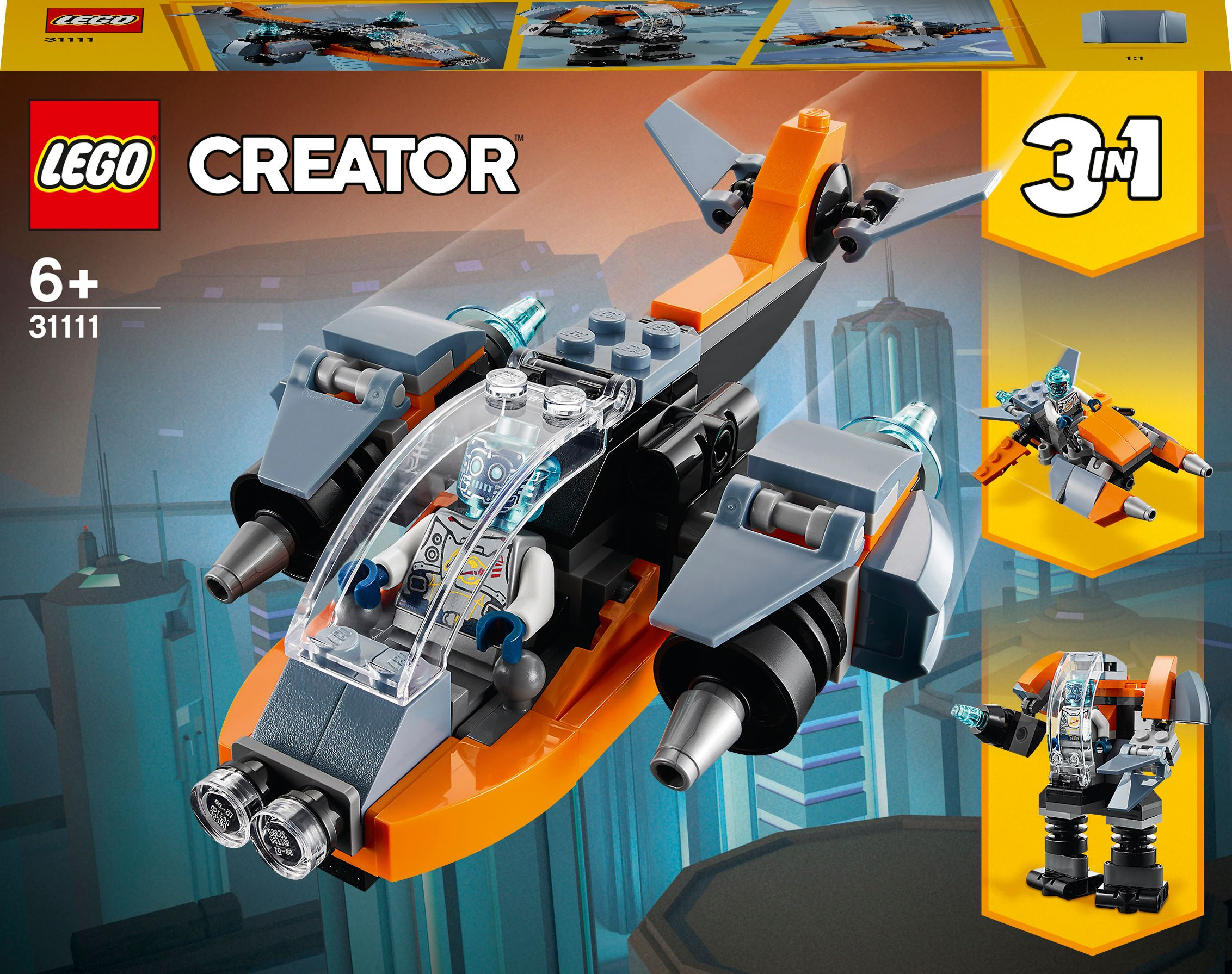 Ein Lego Creator Box-Set mit einem futuristischen Flugzeug und zwei anderen Bauten. Die Box hat Orange und Grau.