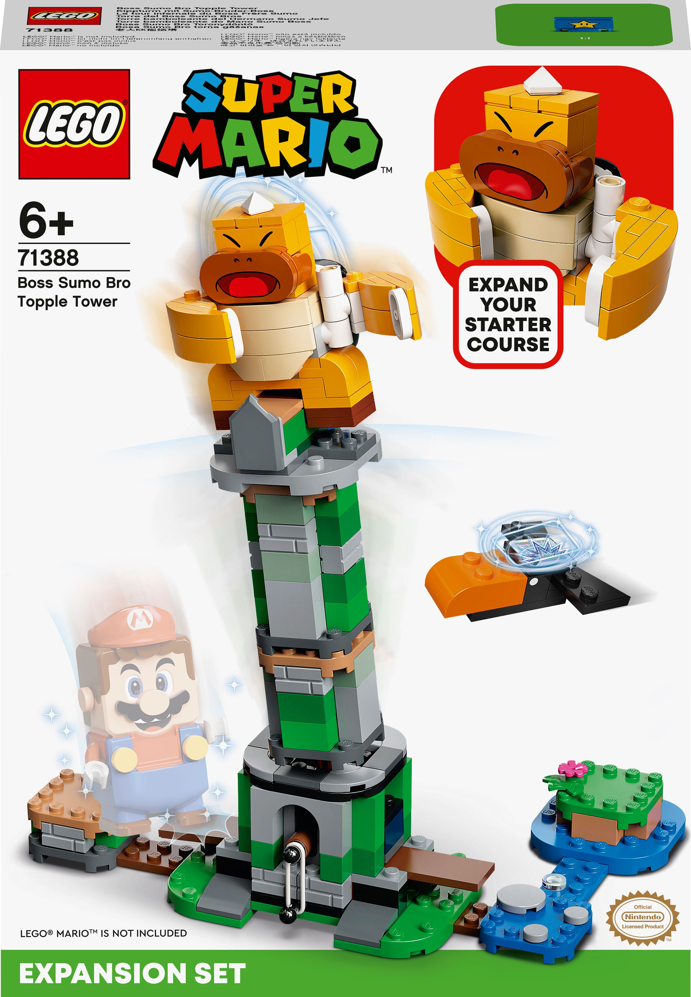Lego Super Mario set toont Boss Sumo Bro, een toren en Mario. Een uitbreidingsset wordt geadverteerd. Blauw en groen.