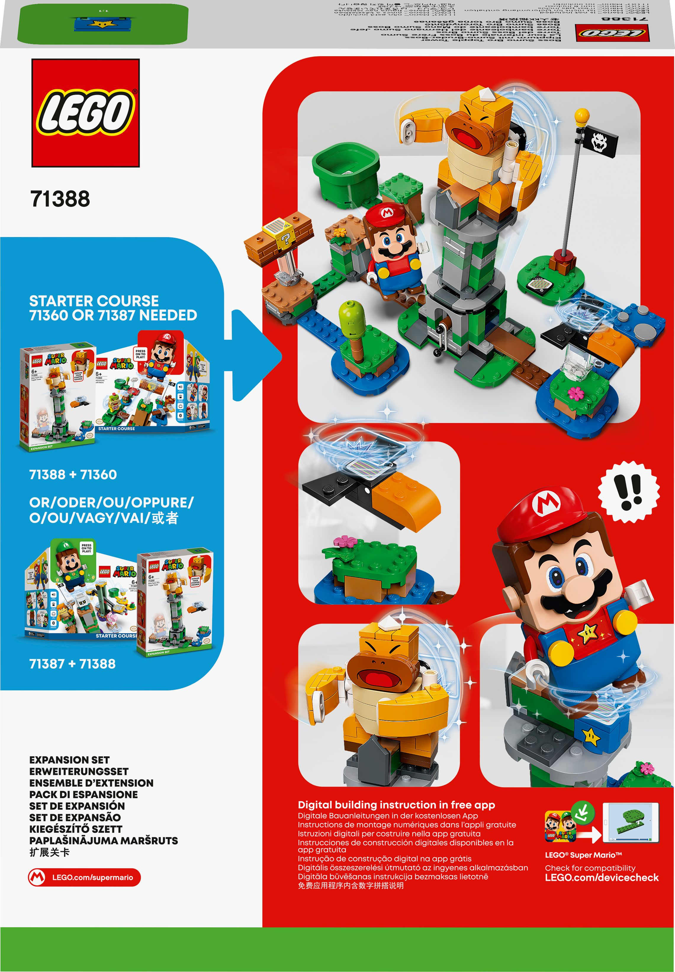 Lego Super Mario setbox met Mario-figuur en instructies op een witte achtergrond. Bevat andere sets.