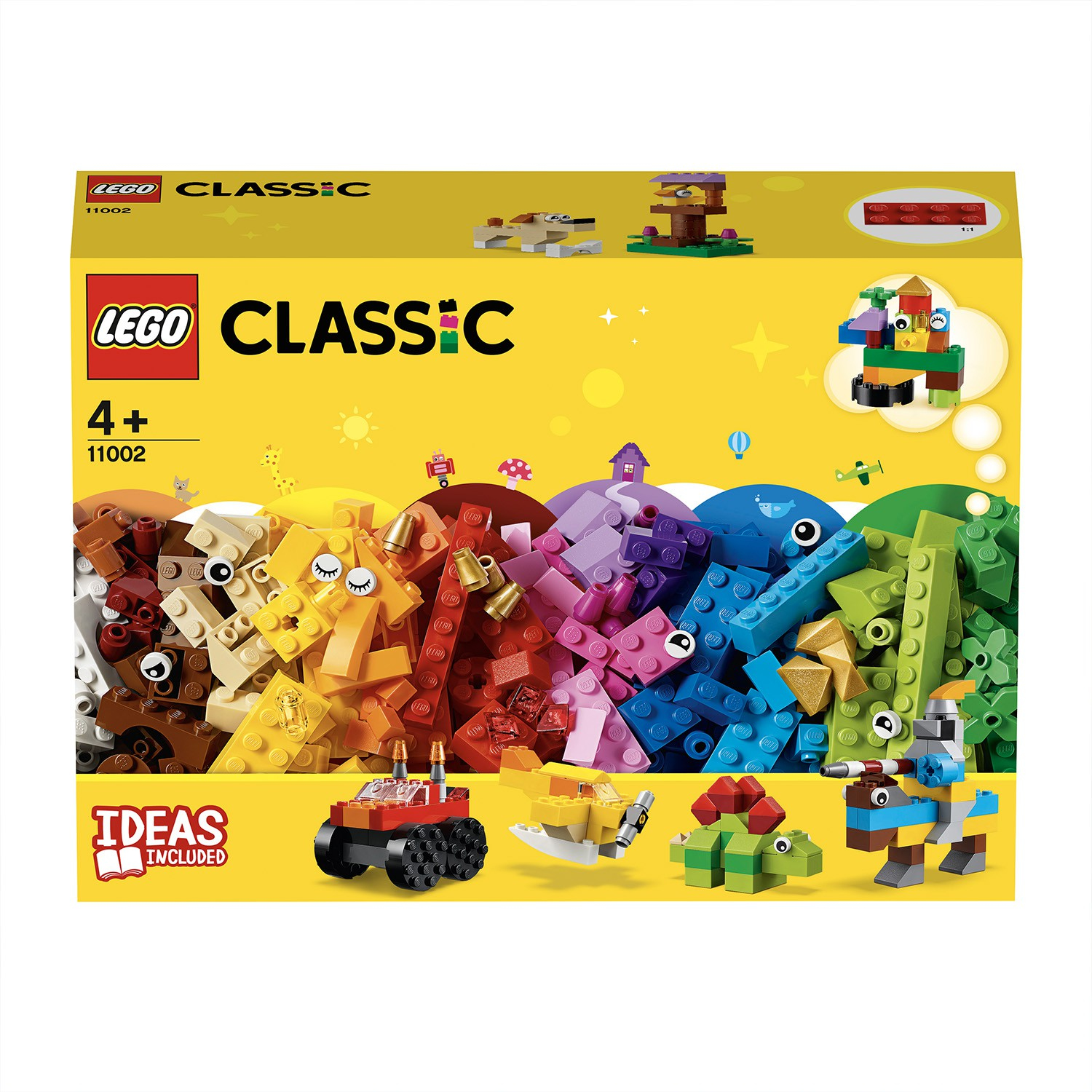 LEGO Classic Set mit bunten Steinen und einer Vielzahl von Baubeispielen, auf weißem Hintergrund.