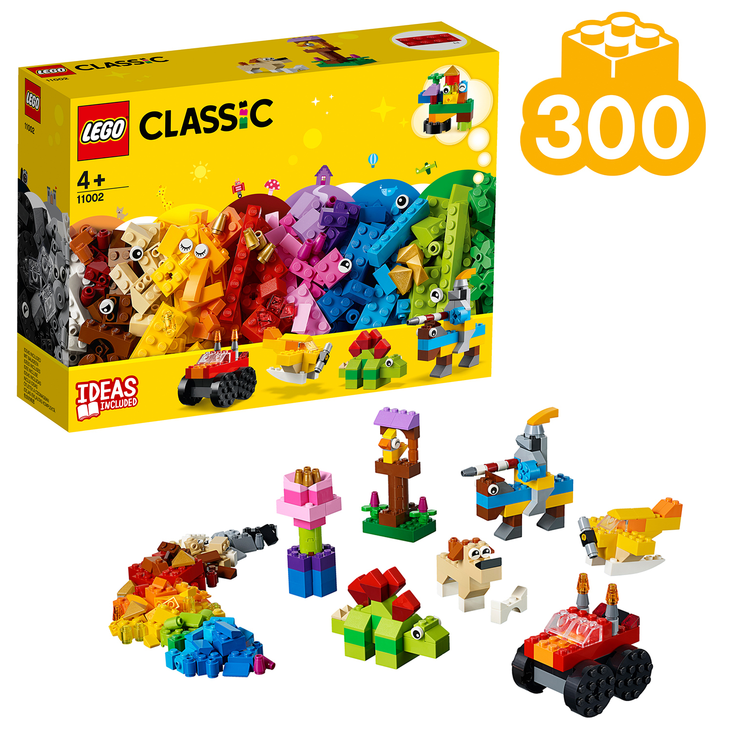 Eine gelbe Lego Classic Box mit verschiedenen bunten Lego-Bauten, die darum herum angezeigt werden.