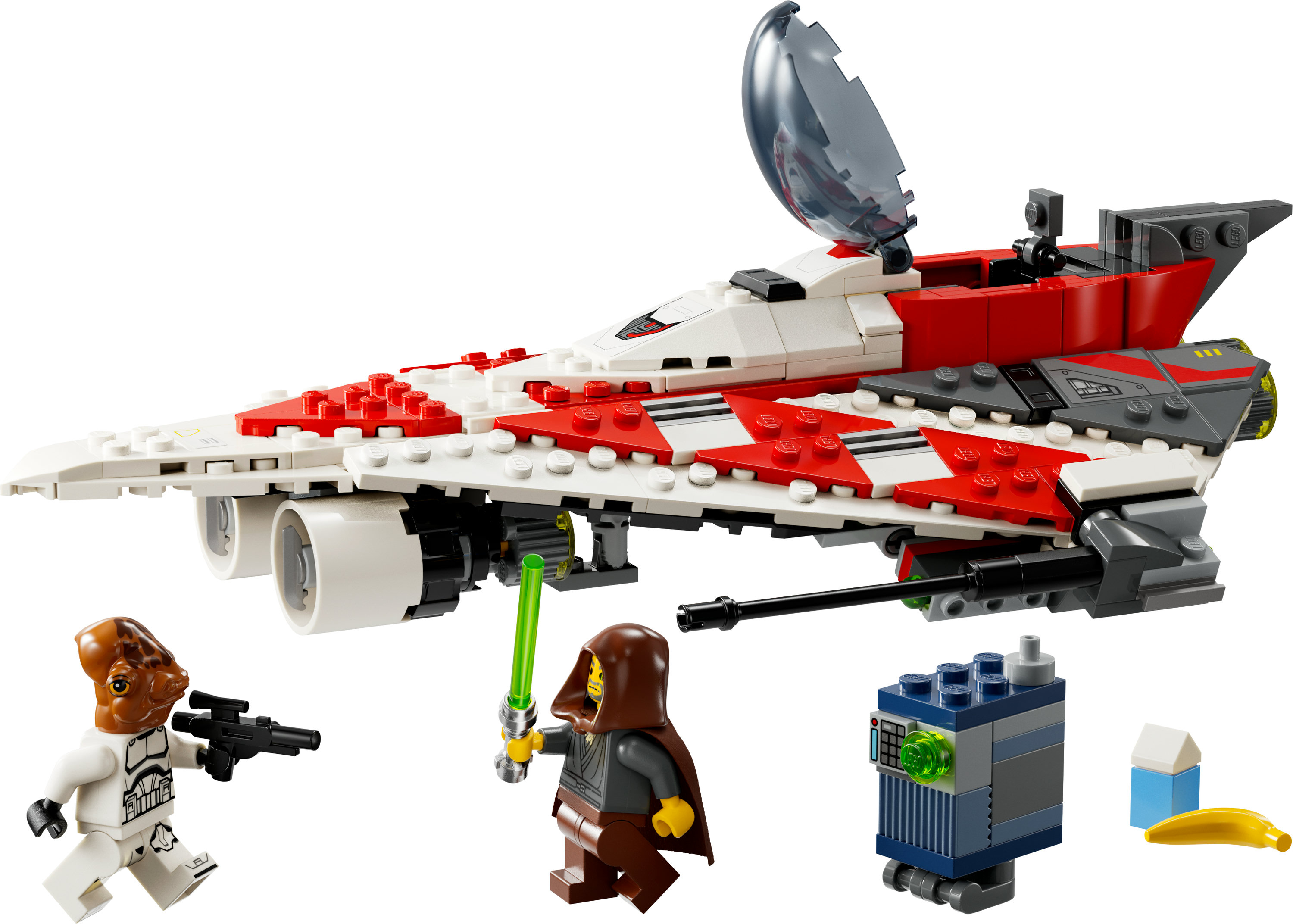 Zestaw Lego Star Wars: czerwono-biały statek, trzy figurki i inne małe elementy Lego na białym.