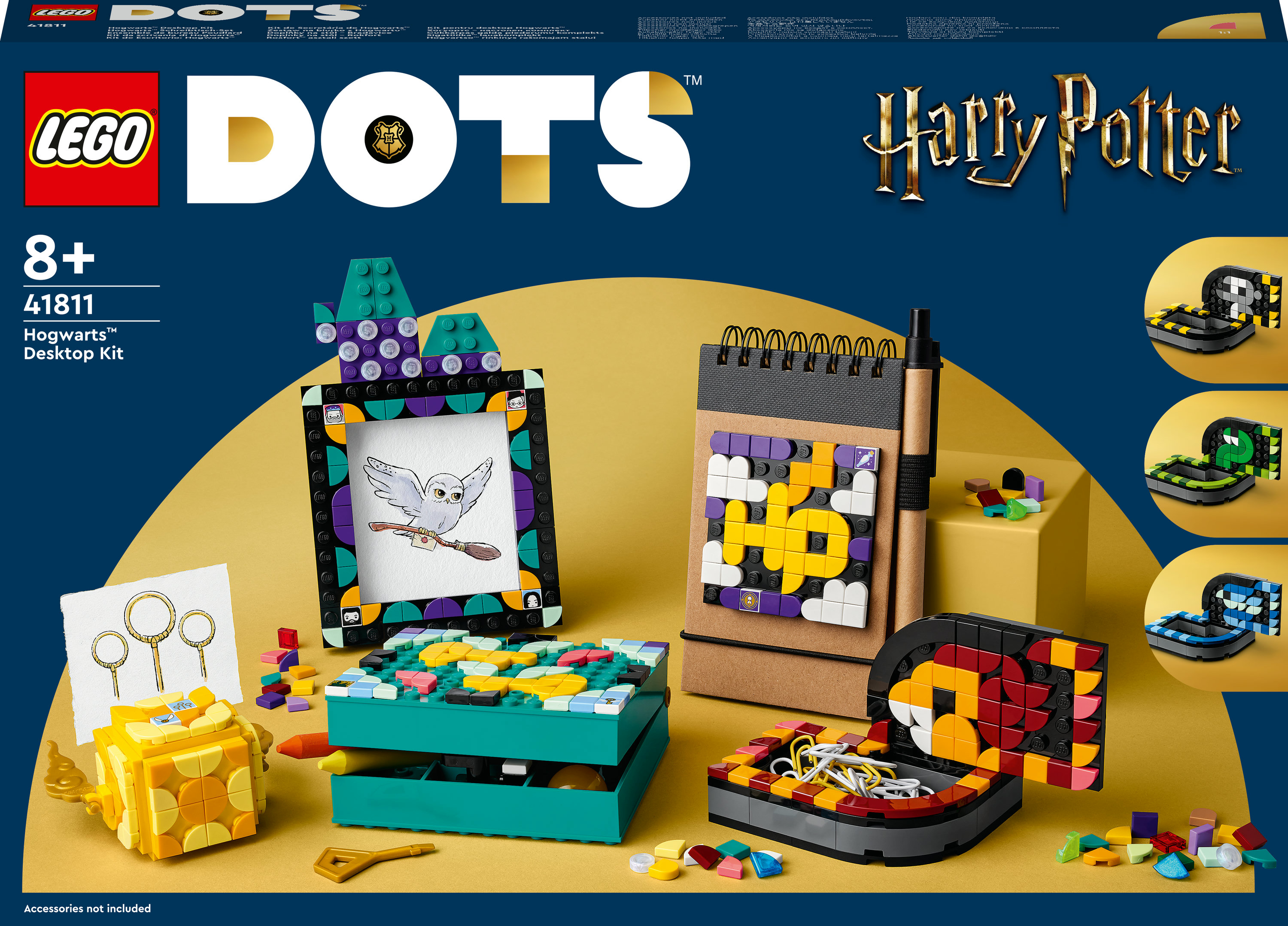 Scatola del kit da scrivania Lego Dots Hogwarts. Presenta vari accessori da scrivania colorati.