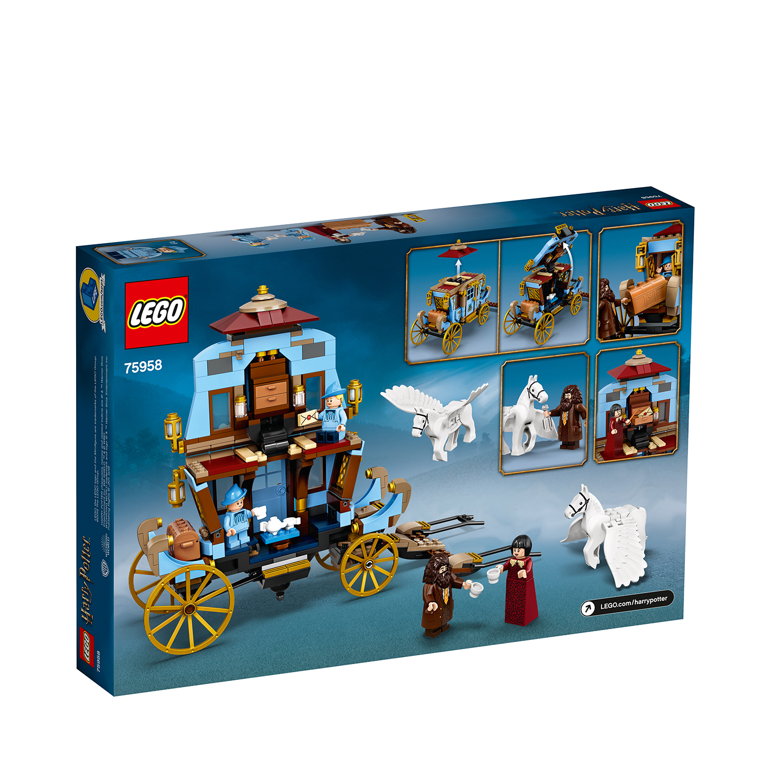 A LEGO box set showing a Harry Potter carriage and horses with characters in front of a blue background.