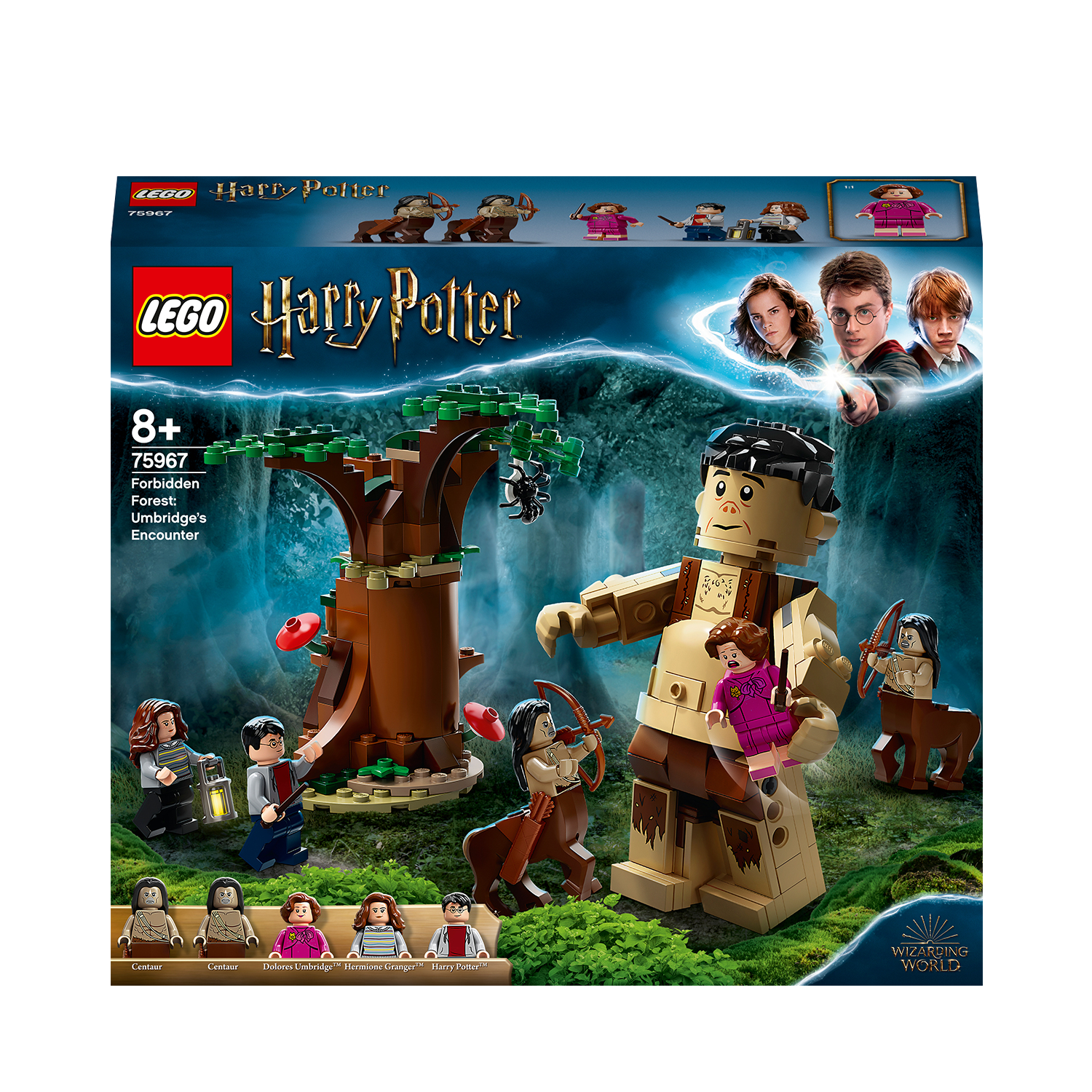 Zestaw Lego Harry Potter z figurkami postaci i olbrzymem. Tło to scena leśna z drzewem.