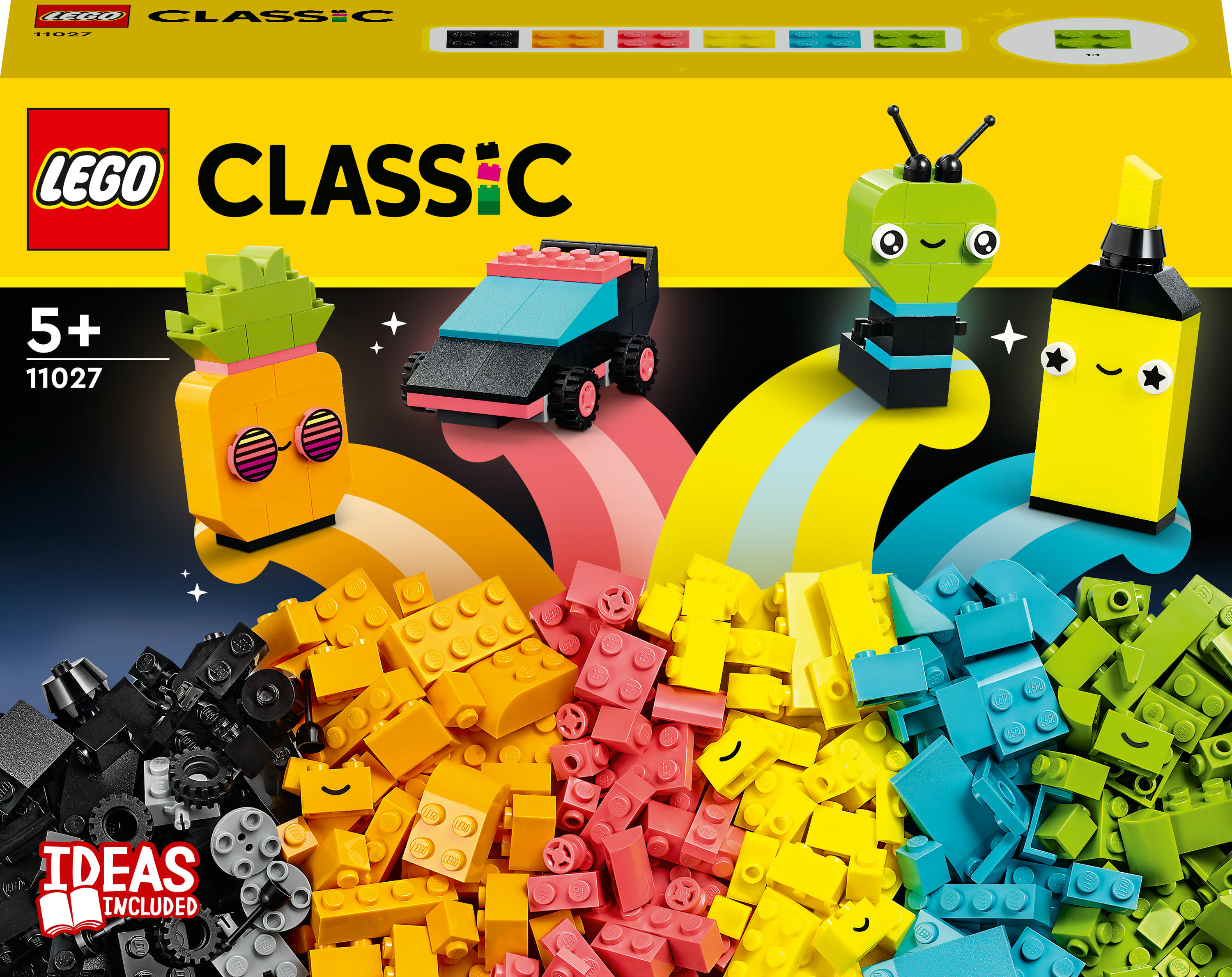Lego Classic setdoos. Diverse kleurrijke Lego stenen en een paar voorbeeldbouw. Gele achtergrond.