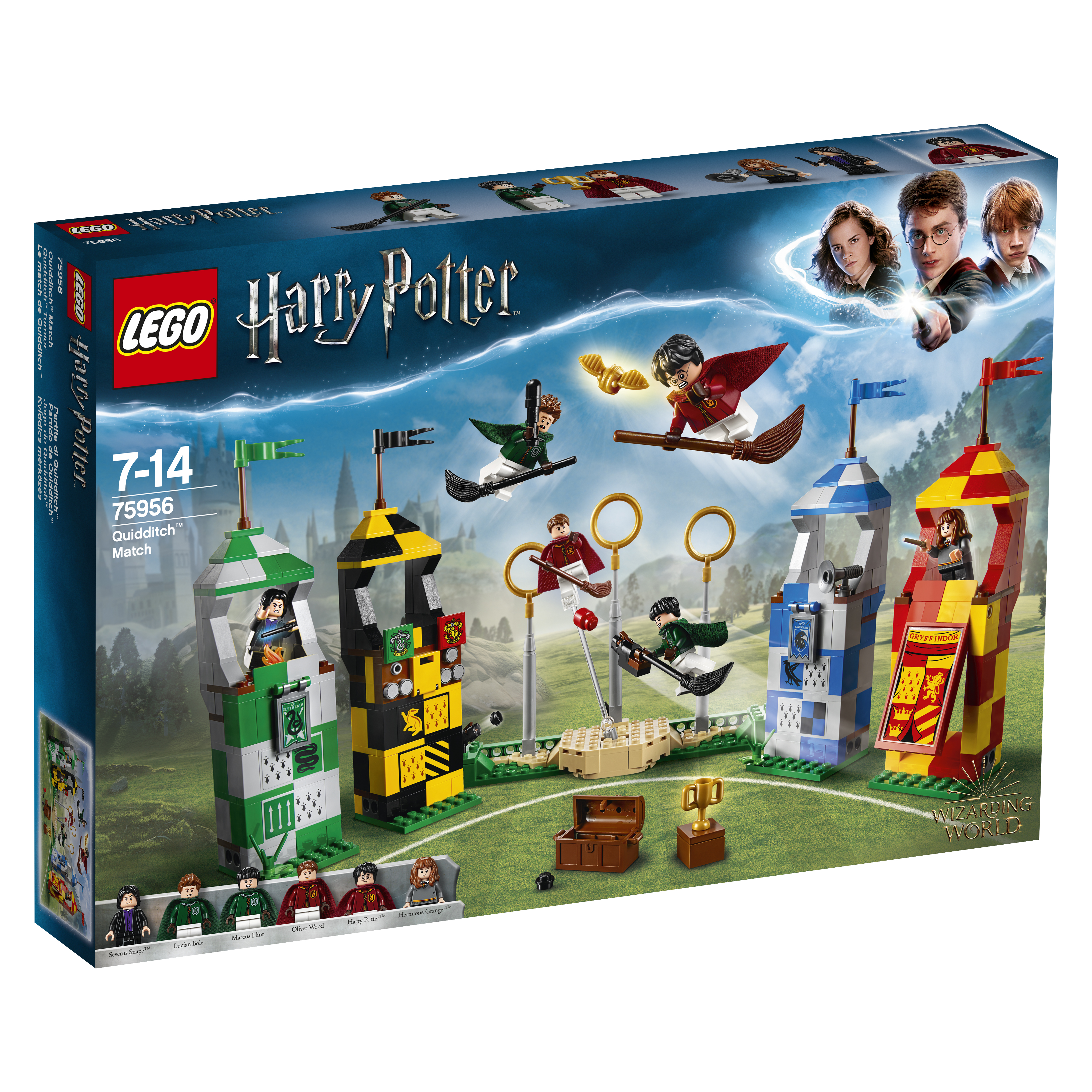 Lego Harry Potter Quidditch Match Box Set, zeigt die Tribünen, Figuren und Box-Art.