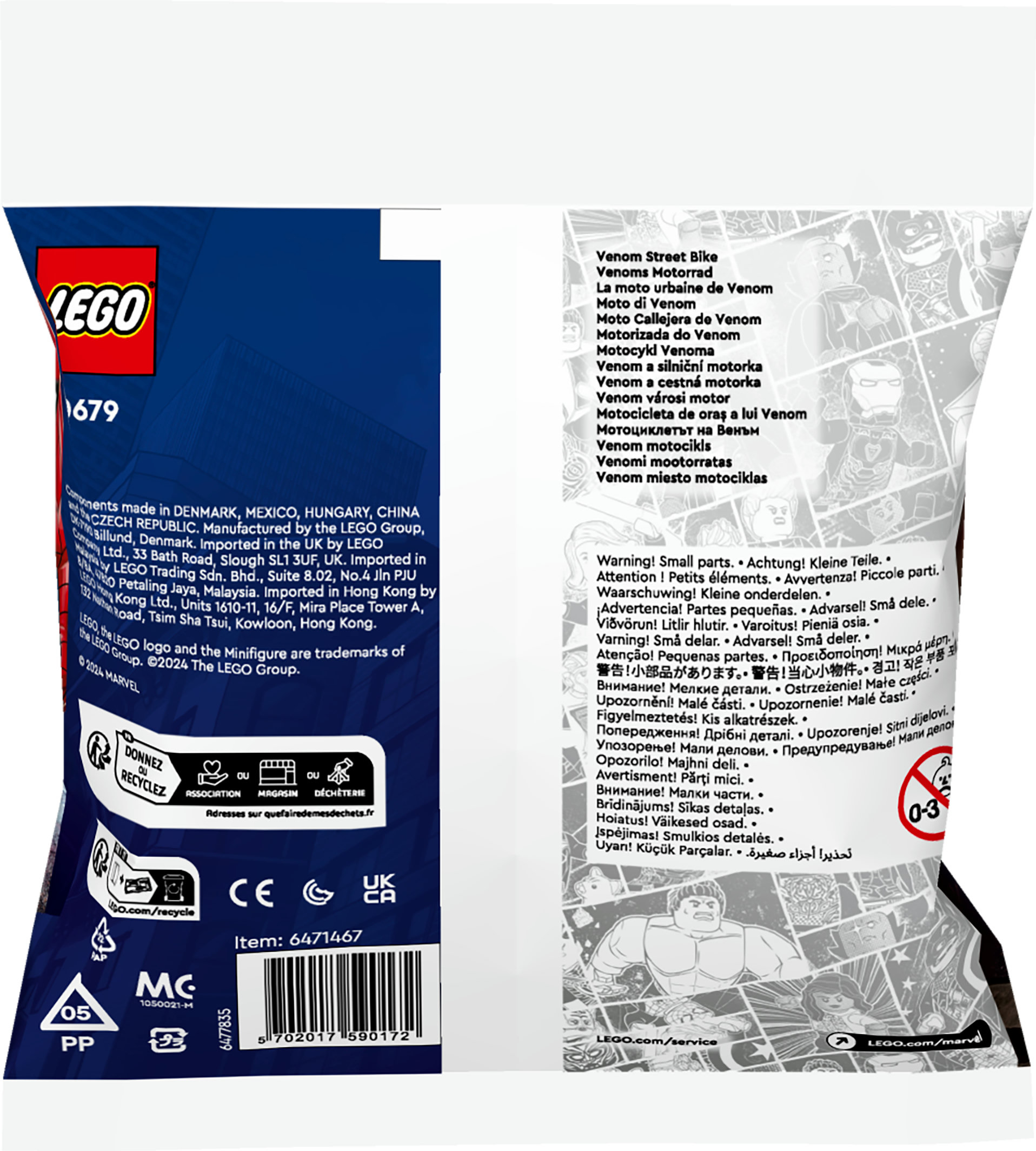 Een Lego-zak met tekst en afbeeldingen van Lego Marvel-personages en een recyclingsymbool.