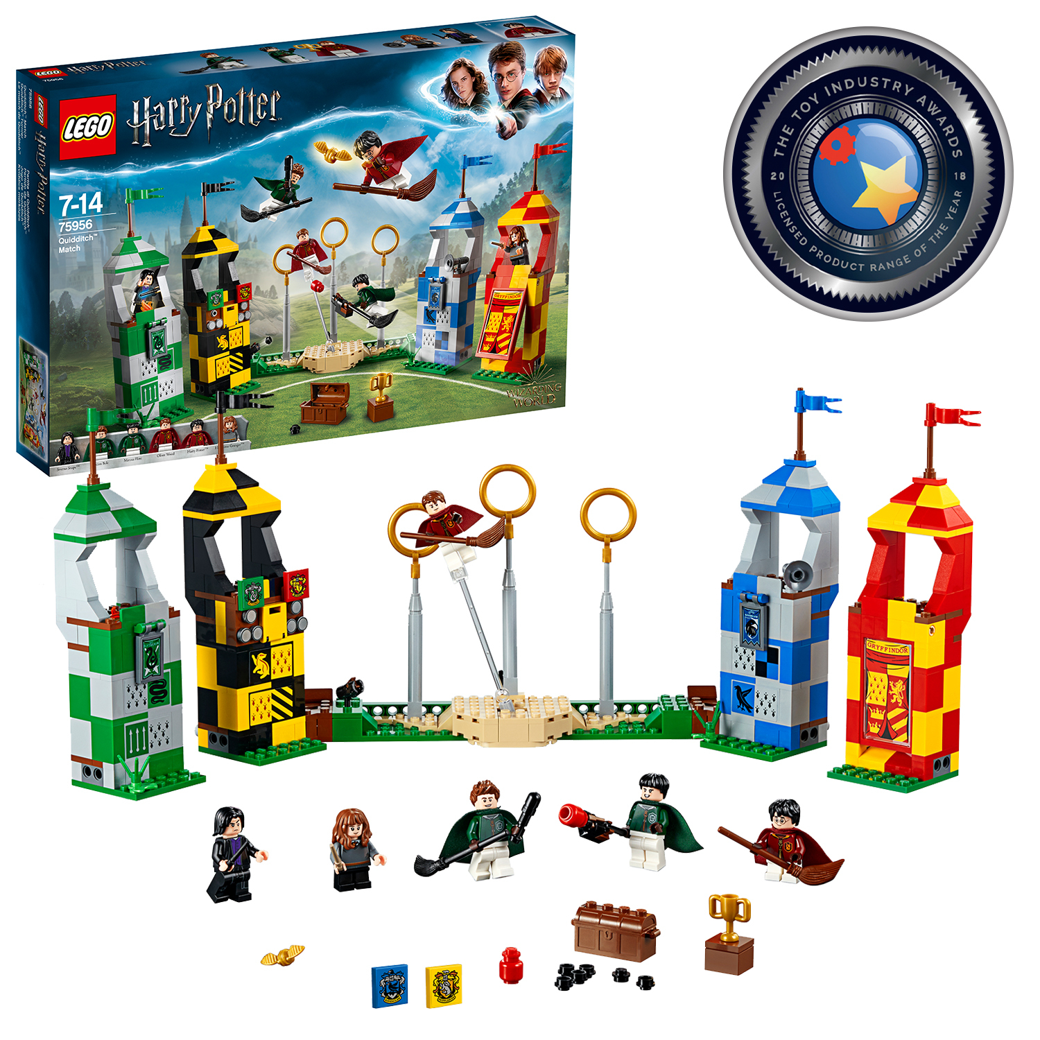 Ein Lego Harry Potter Set zeigt Hogwarts-Häuser, Quidditch-Tore und Minifiguren mit einer Box in der Ecke.