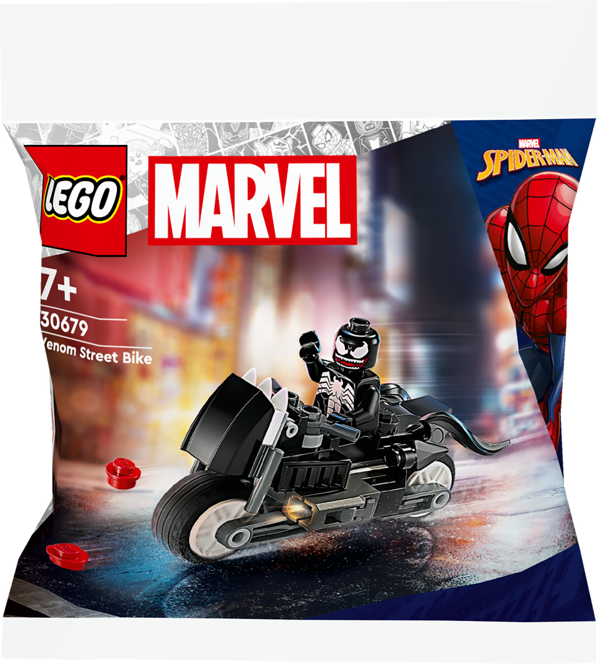 Een LEGO Marvel Venom Street Bike set in de verpakking, met een Venom minifiguur op de motor.
