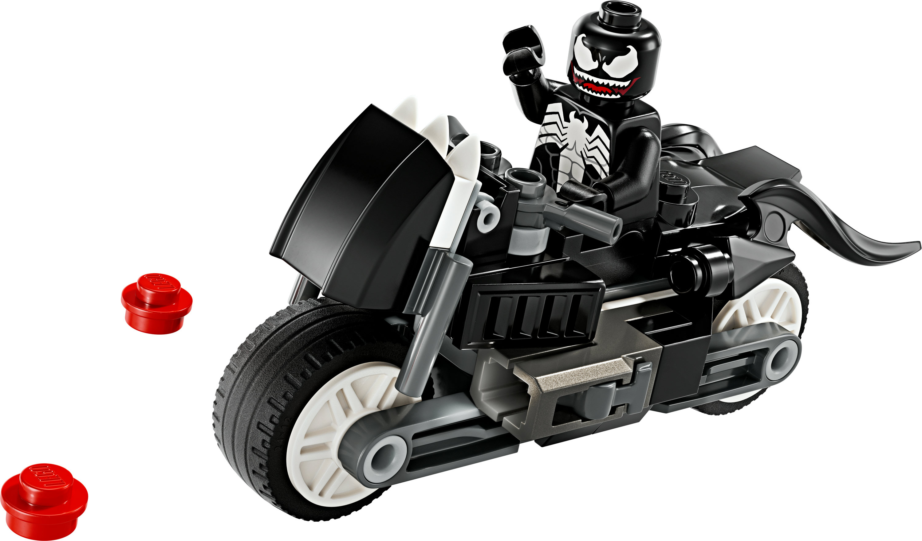 Lego Marvel Venom op een motor set. Bevat een Venom minifiguur die op een zwarte motor rijdt.
