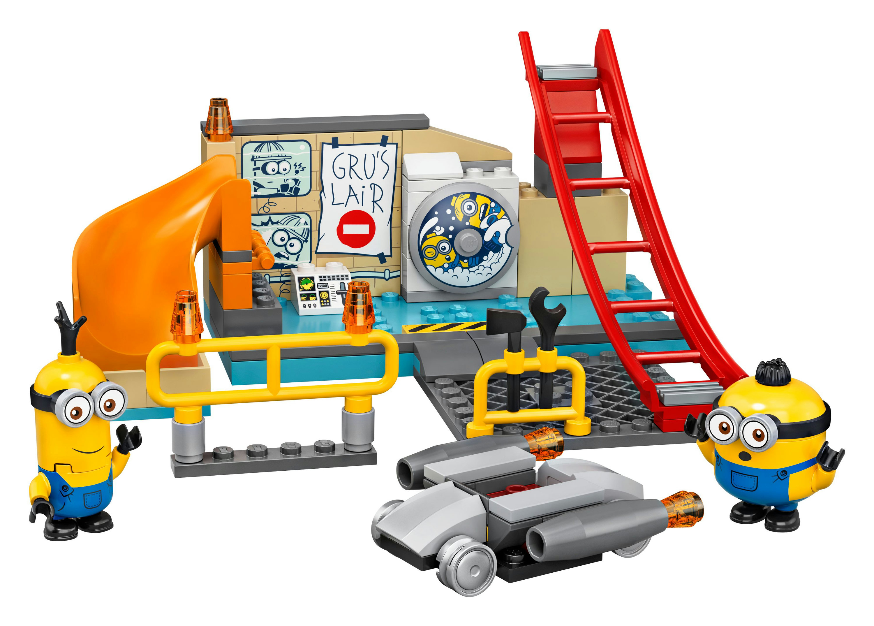 Minions Lego Set: Grus Versteck, Rutsche, rote Leiter und mehrere Minion-Figuren mit einem silbernen Fahrzeug.