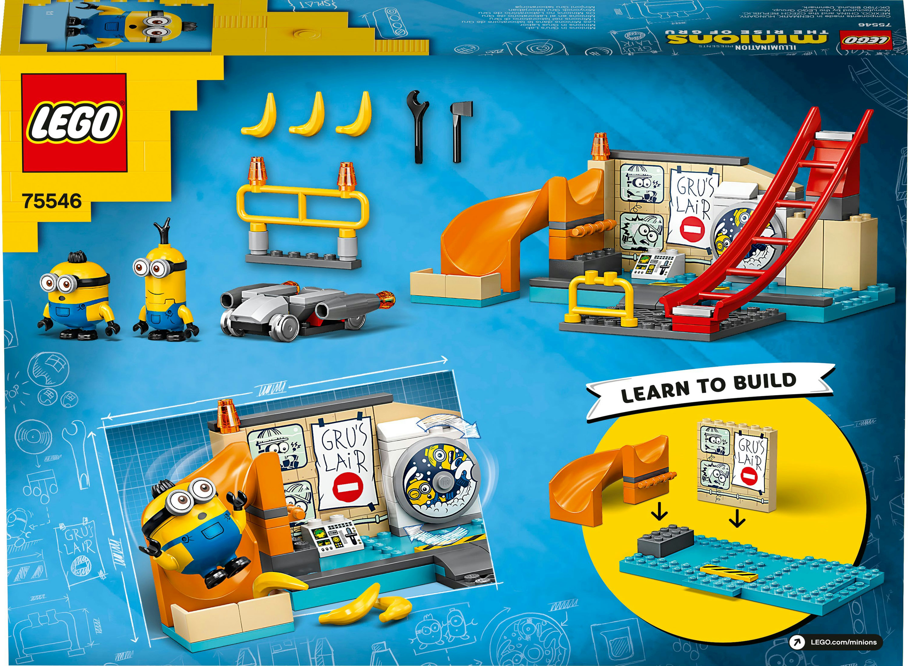 LEGO Minions Set: Minions Figuren, eine Rutsche, eine Leiter und ein Spielbereich mit einer Box oben.