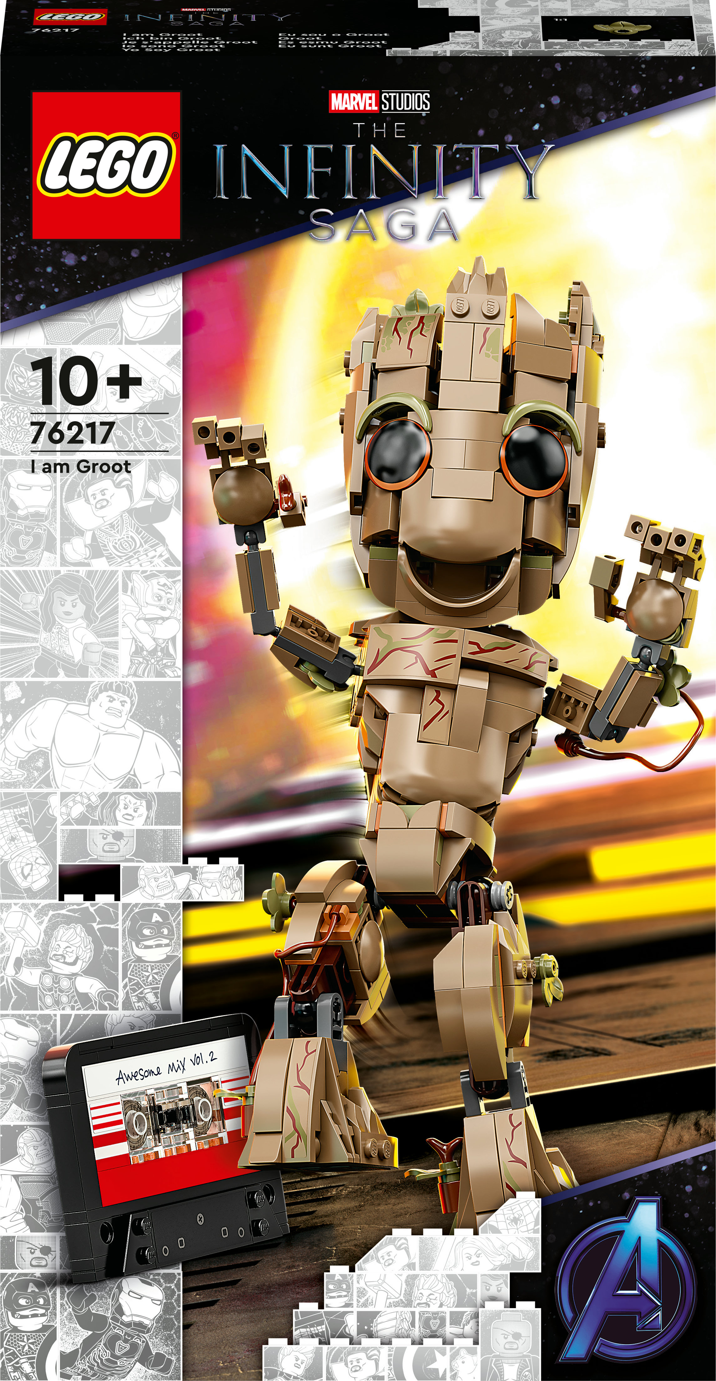Eine Lego I am Groot Figur mit der Box-Art im Hintergrund, Marvel's The Infinity Saga.