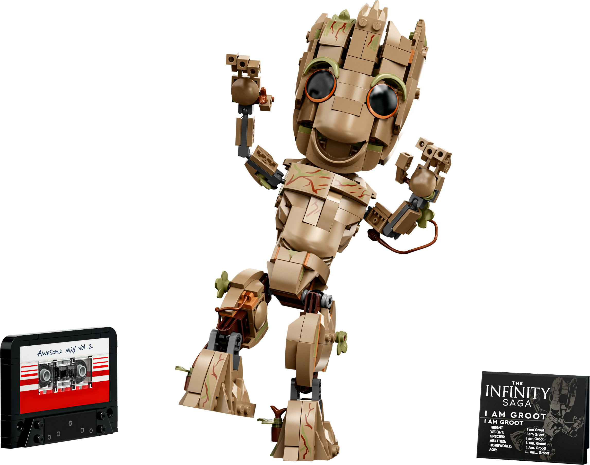 Ein Lego Set von Groot. Groot ist braun, tanzt und hat Zubehör wie eine Kassette.