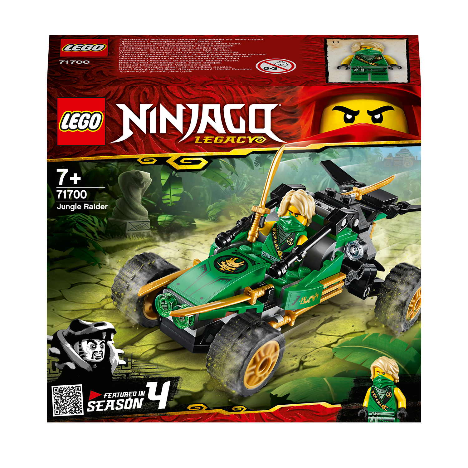 Lego Ninjago-Setbox. Mit grünem und goldenem Fahrzeug mit Minifigur. Dschungel-Kulisse mit Schlangenstatue.