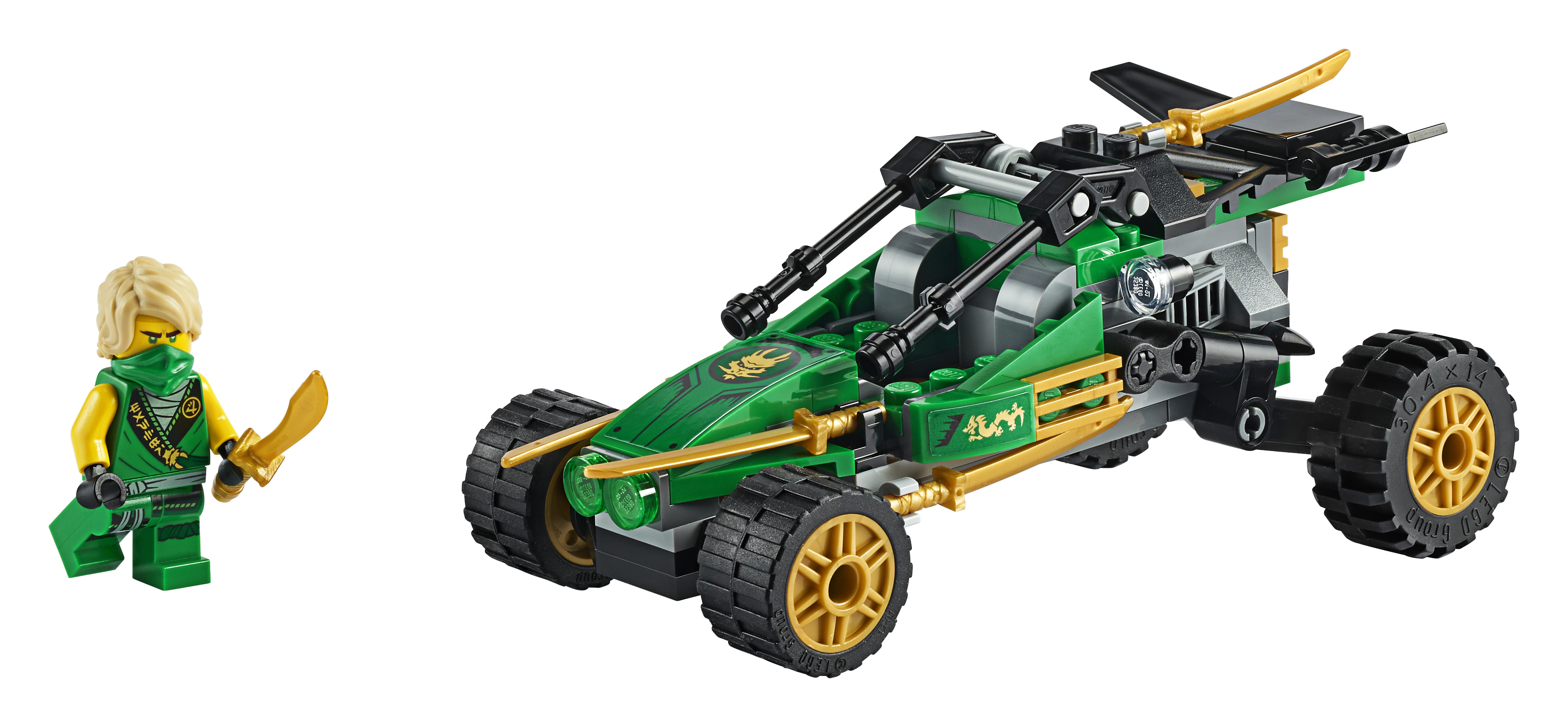 Ein Lego Ninjago Set mit einem grünen Buggy und einer Ninja-Figur mit Schwert.