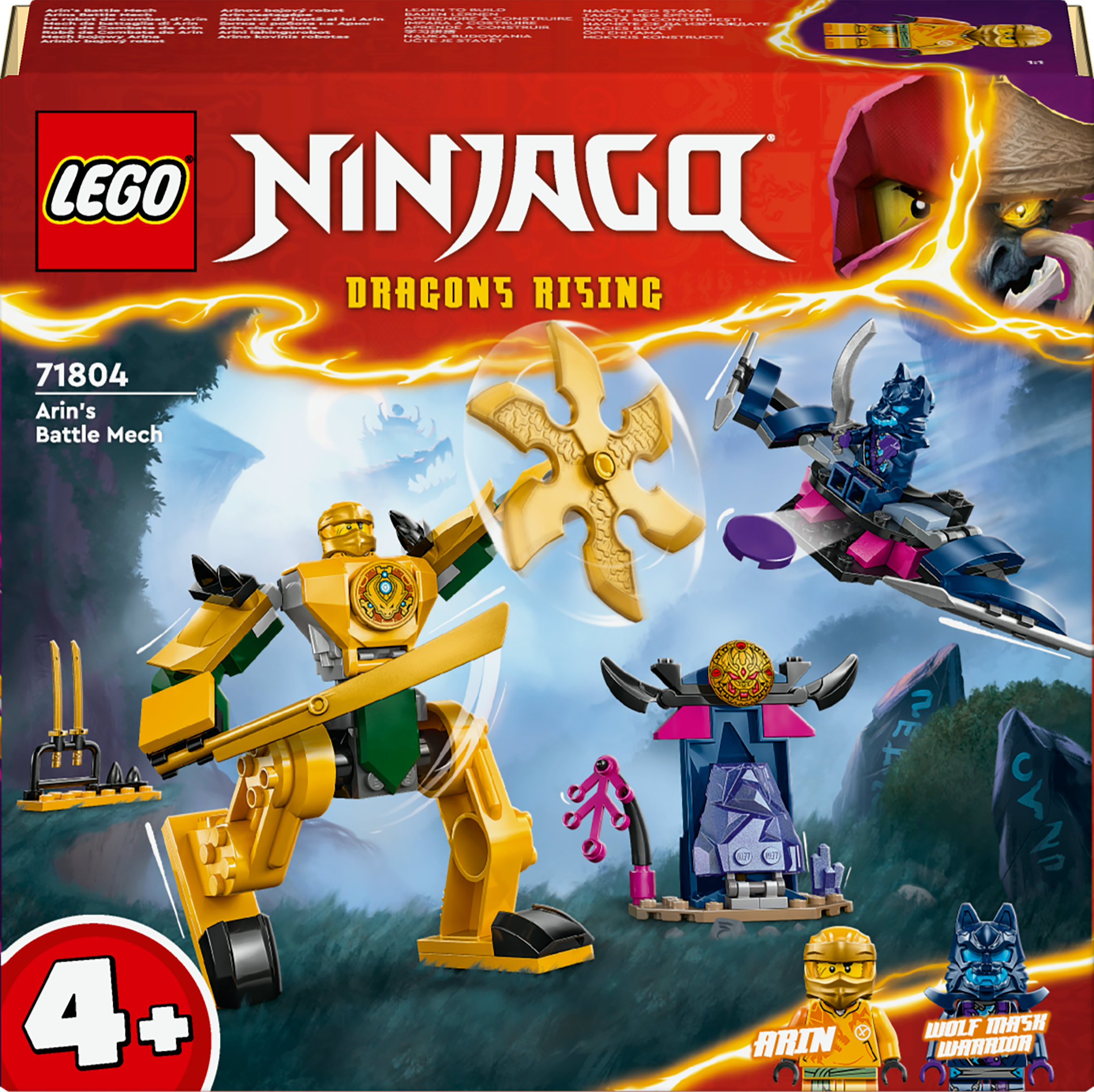 Lego Ninjago Dragons Rising set. Gouden mech met een groot mes. Andere figuren en structuren in de set.