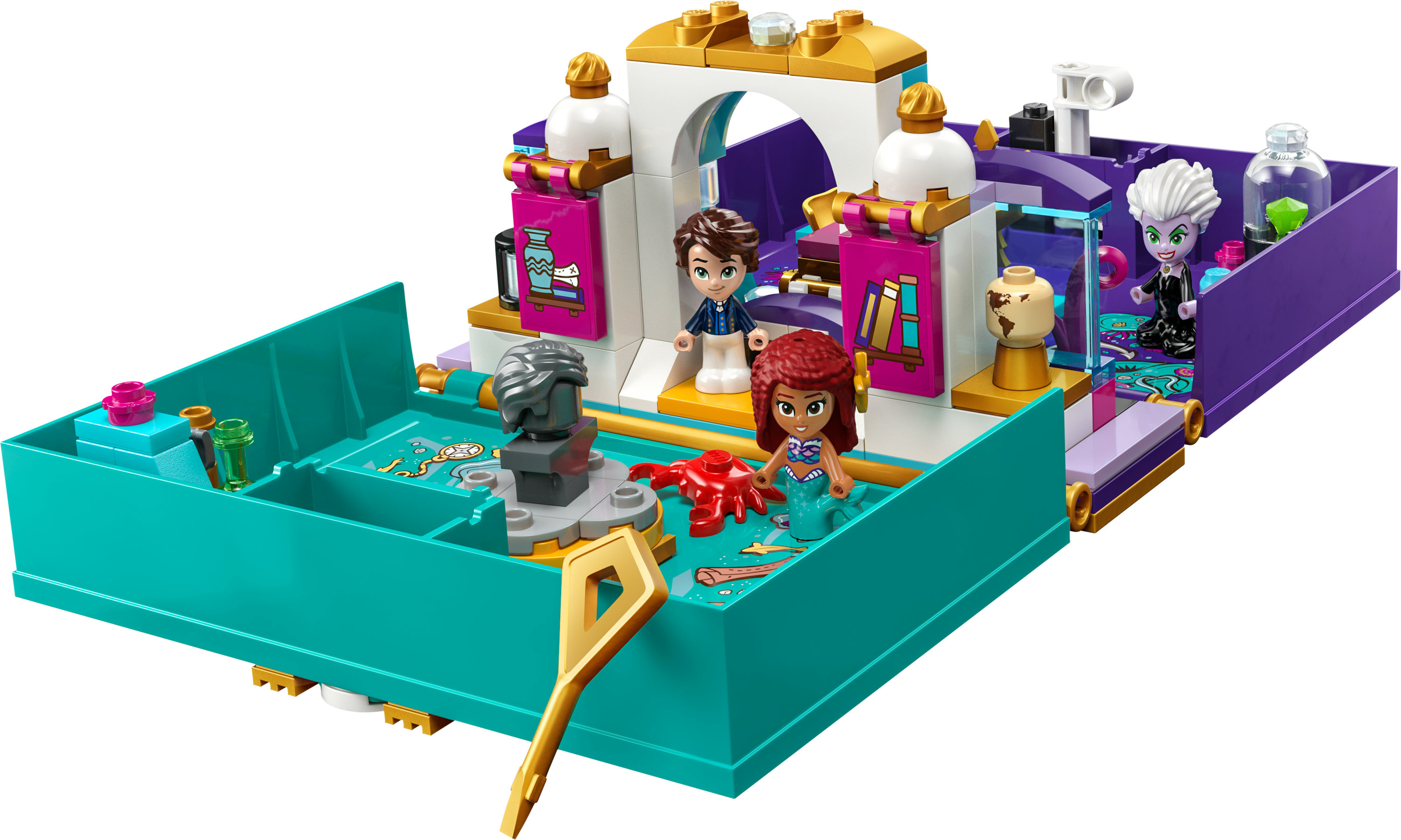 Un set de LEGO Friends con figuras en una habitación pequeña. Hay una sirena, una estatua y otra decoración.