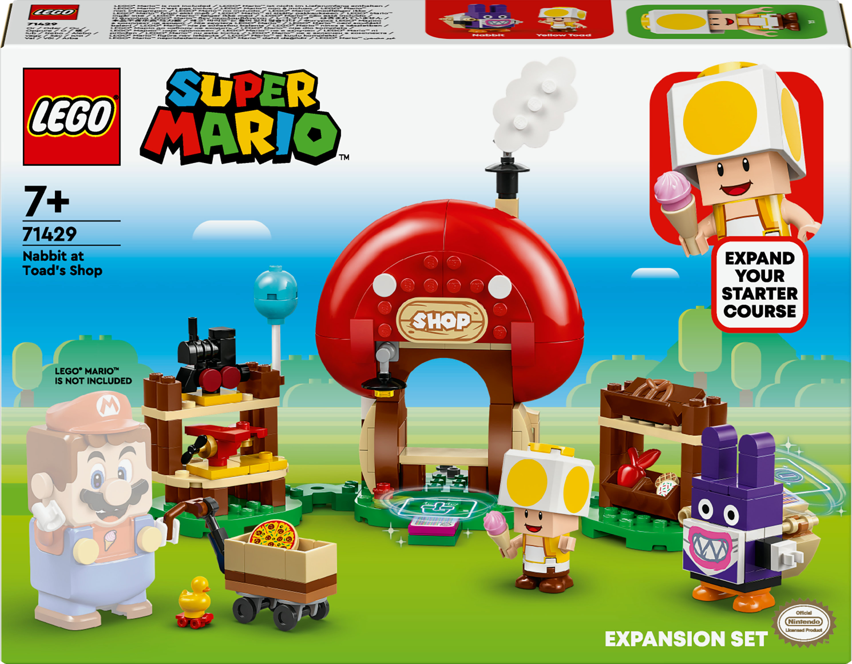 Scatola del set LEGO Super Mario. Mostra un negozio rosso a forma di fungo, Mario e Toad con varie statuine.