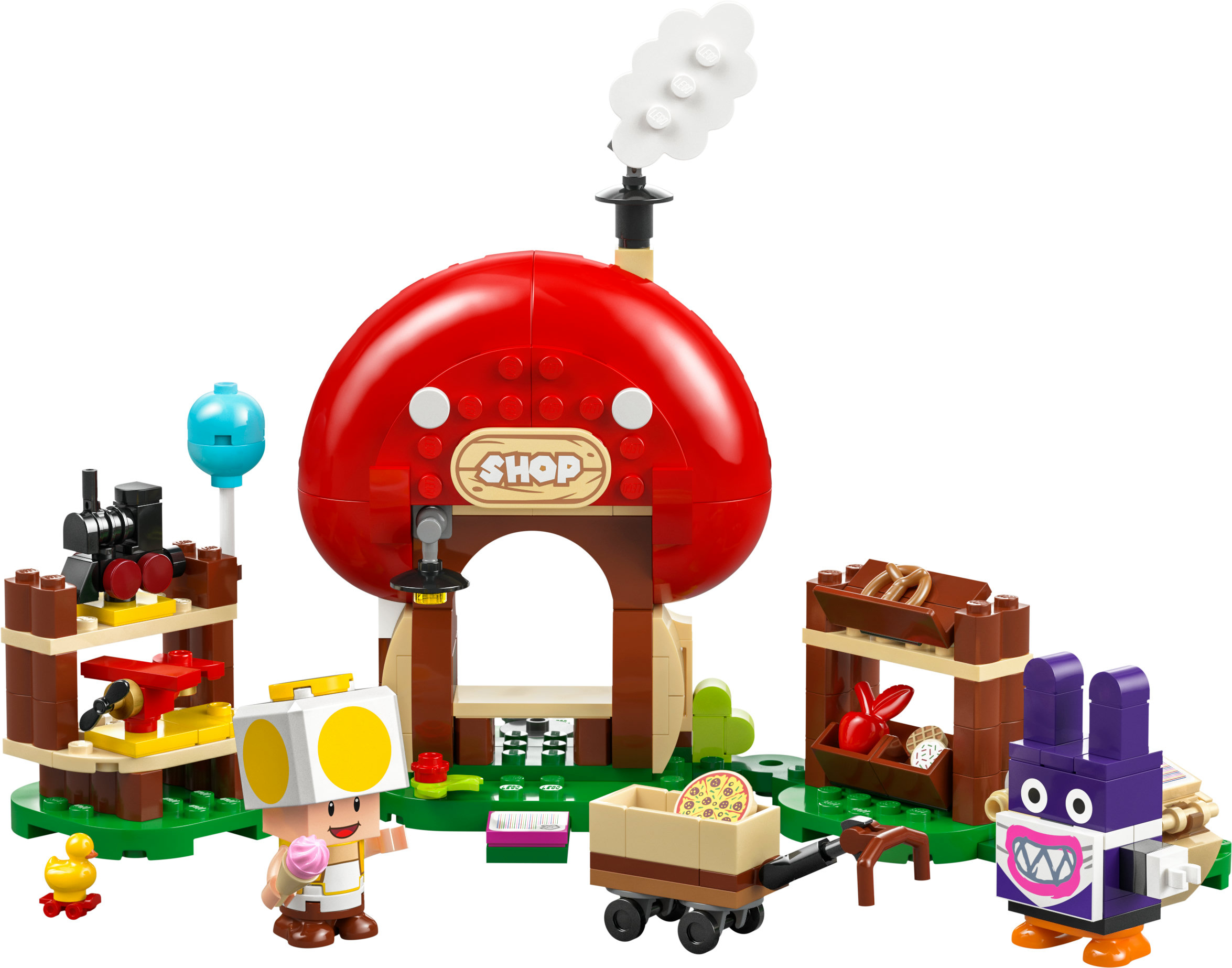 Set LEGO Mario con casa fungo, negozio e personaggi. Include una figura di Toad e un carrello.