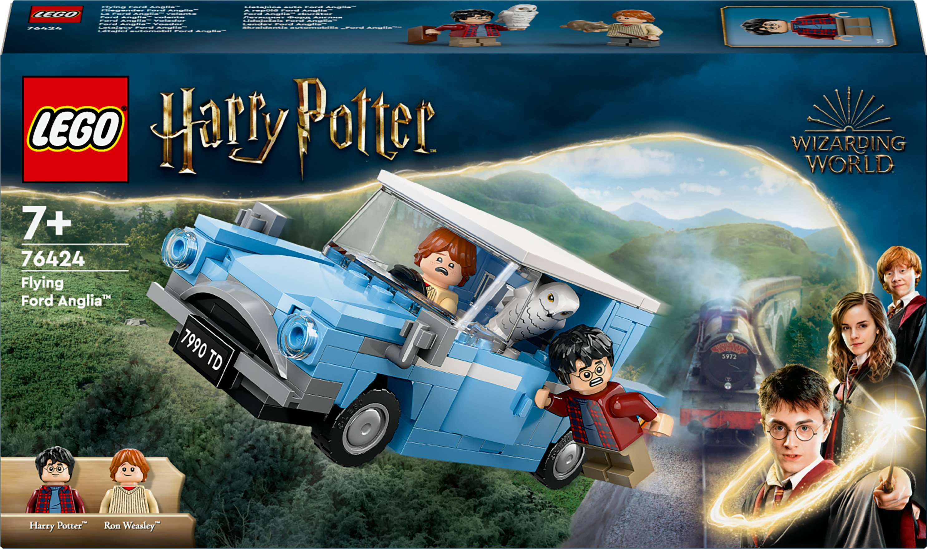 Pudełko Lego Harry Potter, niebieski samochód z figurkami i tłem.