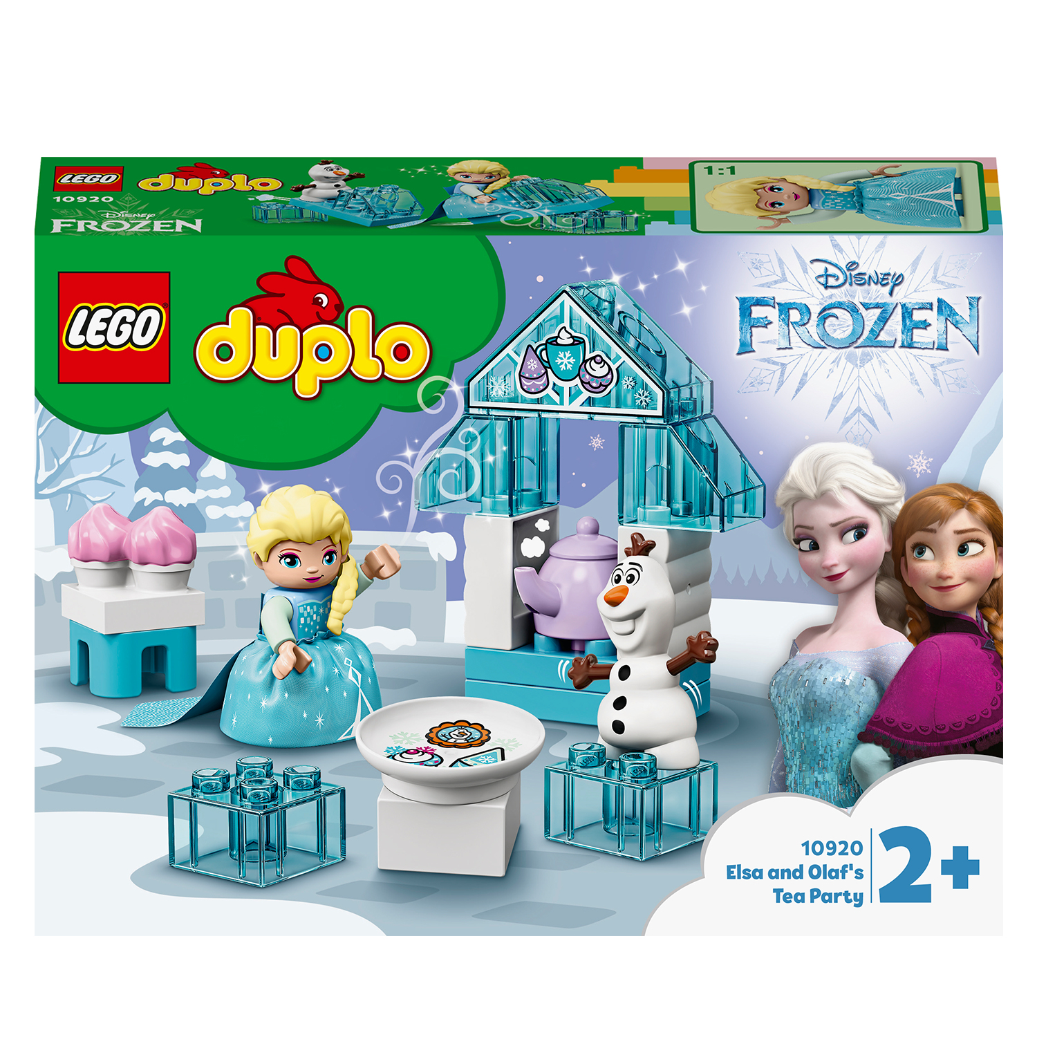 Lego Duplo Elsa und Olafs Teeparty Set. Enthält Elsa, Olaf, Tisch, Stühle und einen verschneiten Hintergrund.
