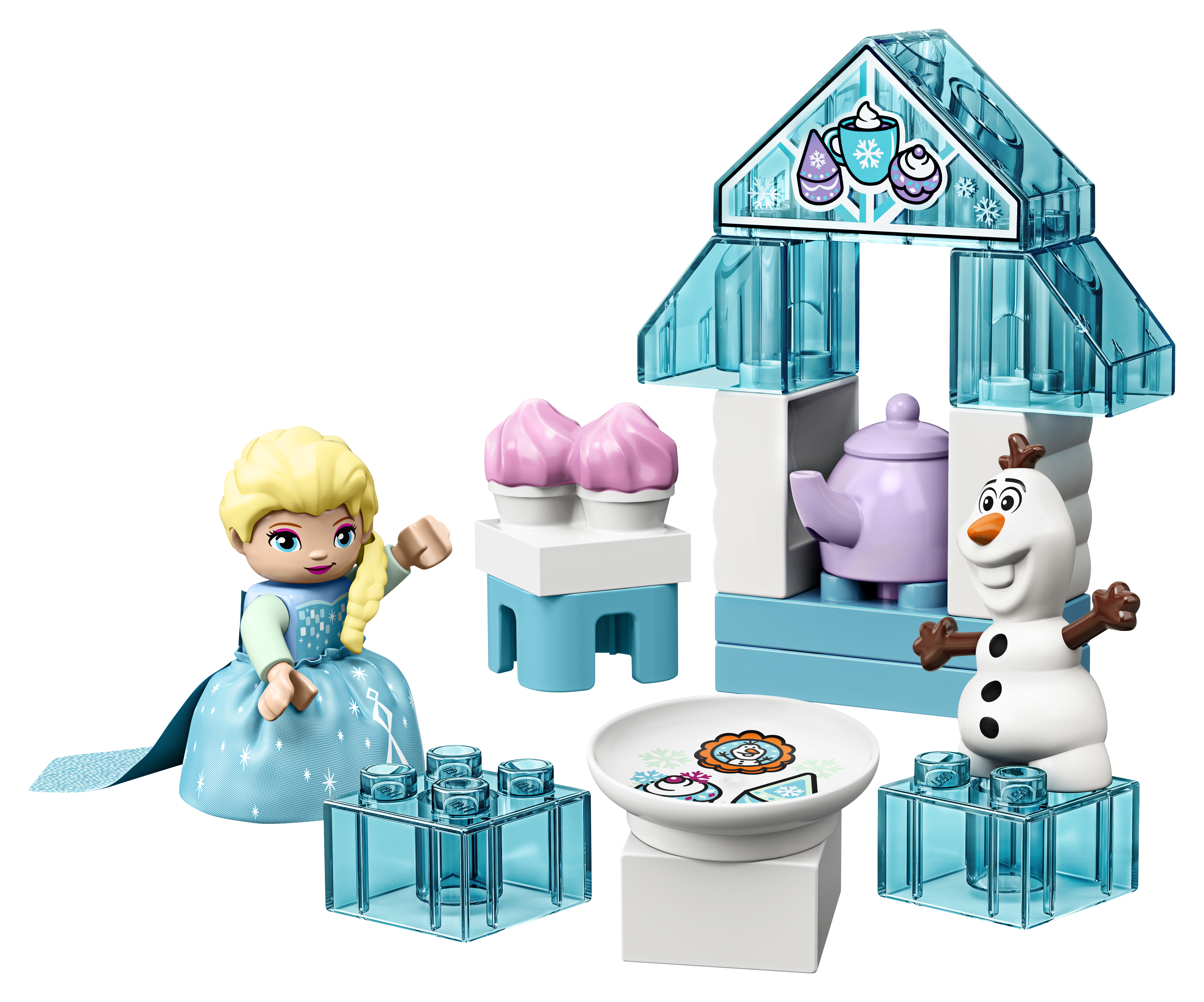 Lego-Set mit Elsa, Olaf und einem schneebasierten Gebäude mit Eiscreme und einer Teekanne.