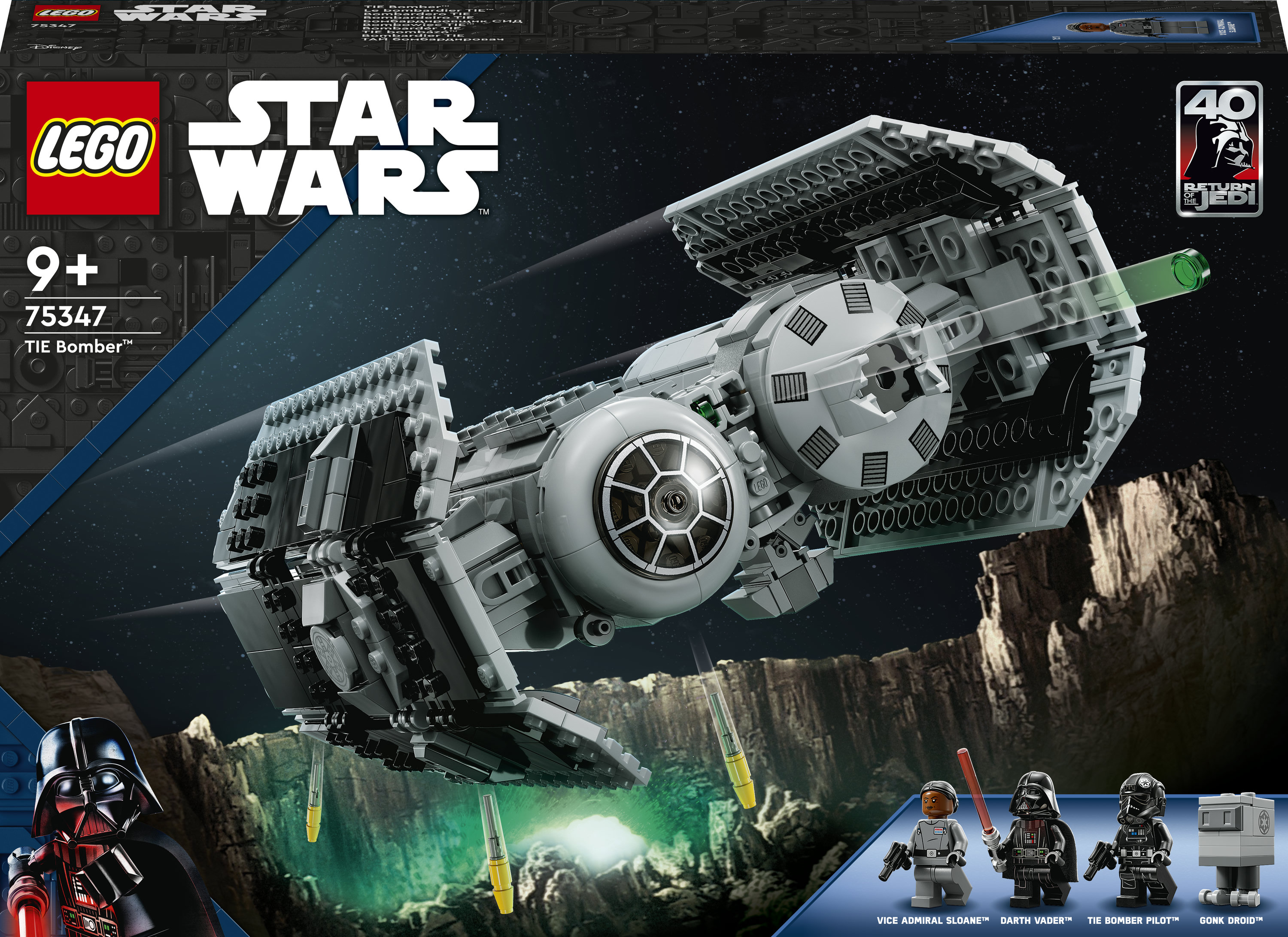 Pudełko Lego Star Wars TIE Bomber z szarym modelem statku kosmicznego, tłem kosmicznym i 3 figurkami.