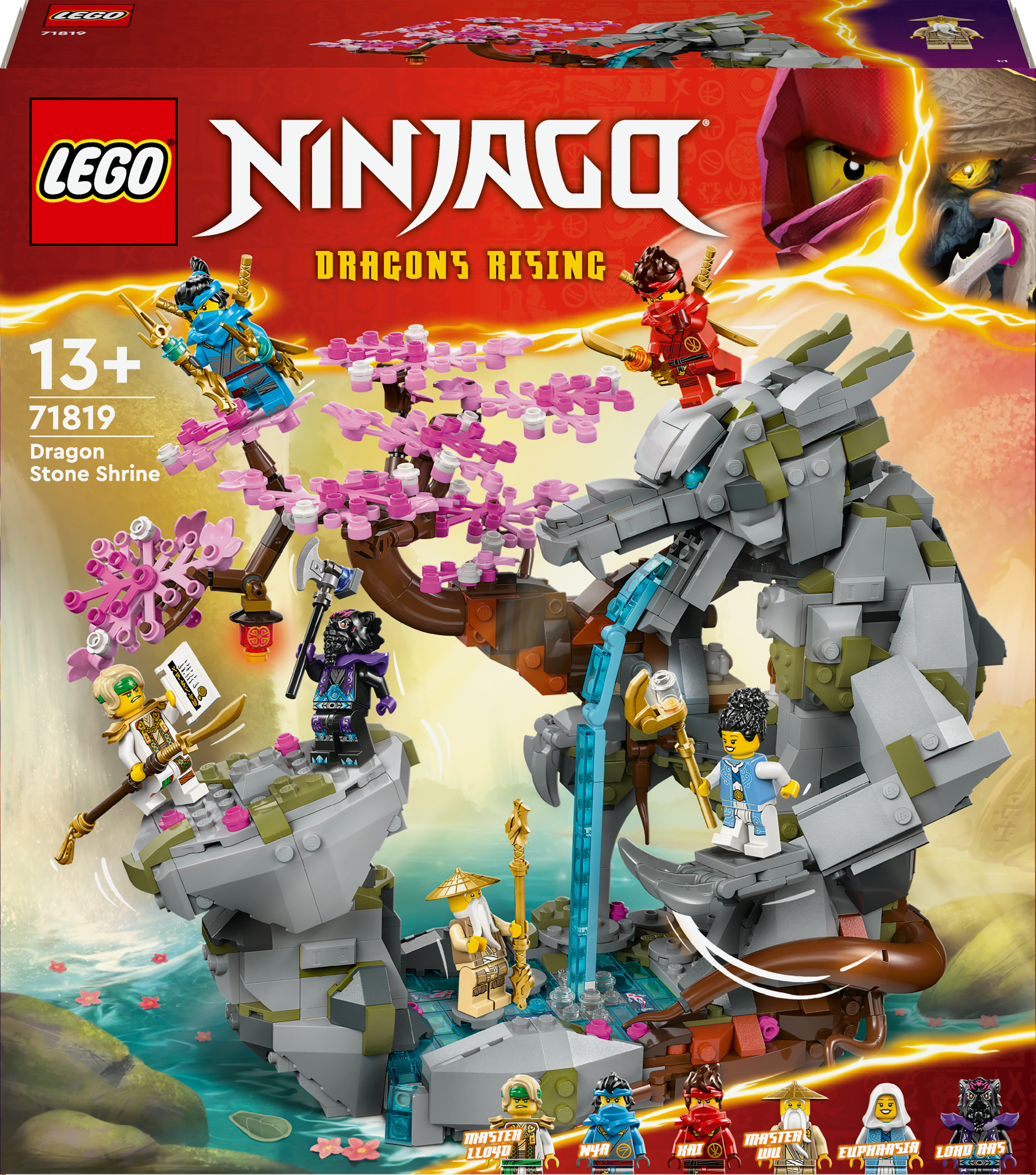 Lego Ninjago Set mit einem Drachen, einem Schrein und Minifiguren in einer detaillierten Szene.