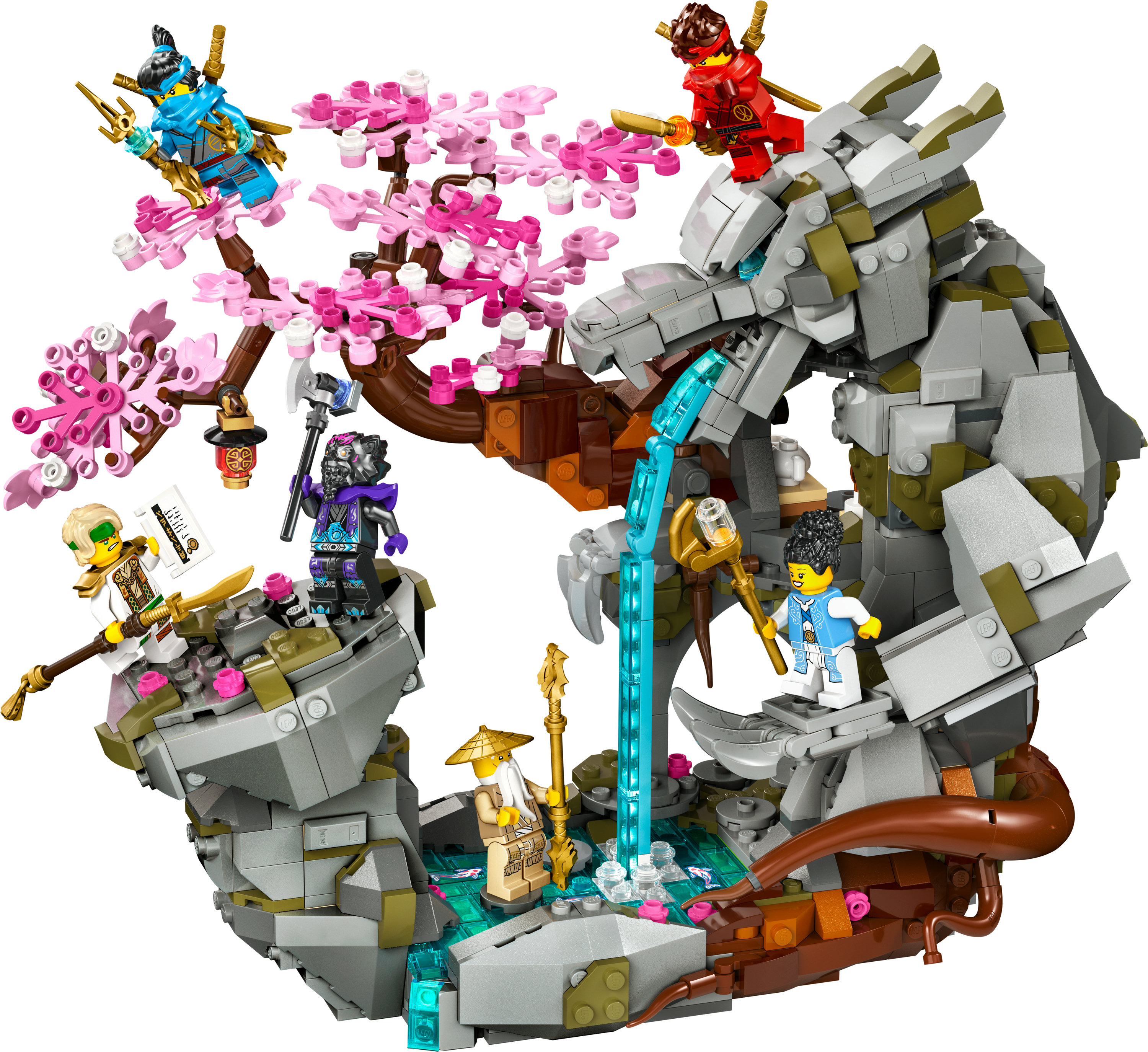 Ein Lego Ninjago Set mit Ninja-Figuren, einem Drachen und einer Wasserfallszene.