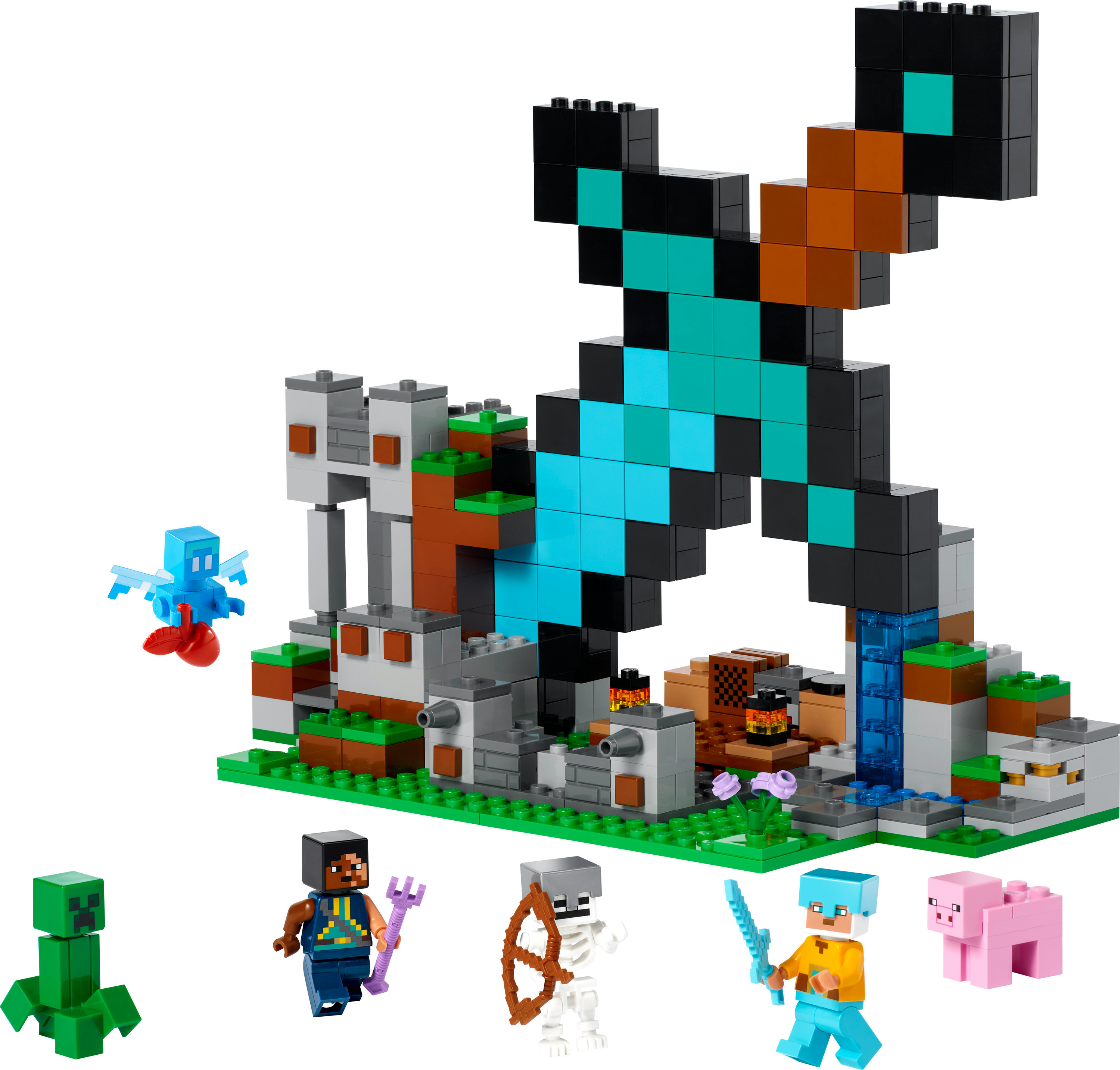 Ensemble LEGO Minecraft : Scène Minecraft avec personnages, flèche pixélisée et environnement.