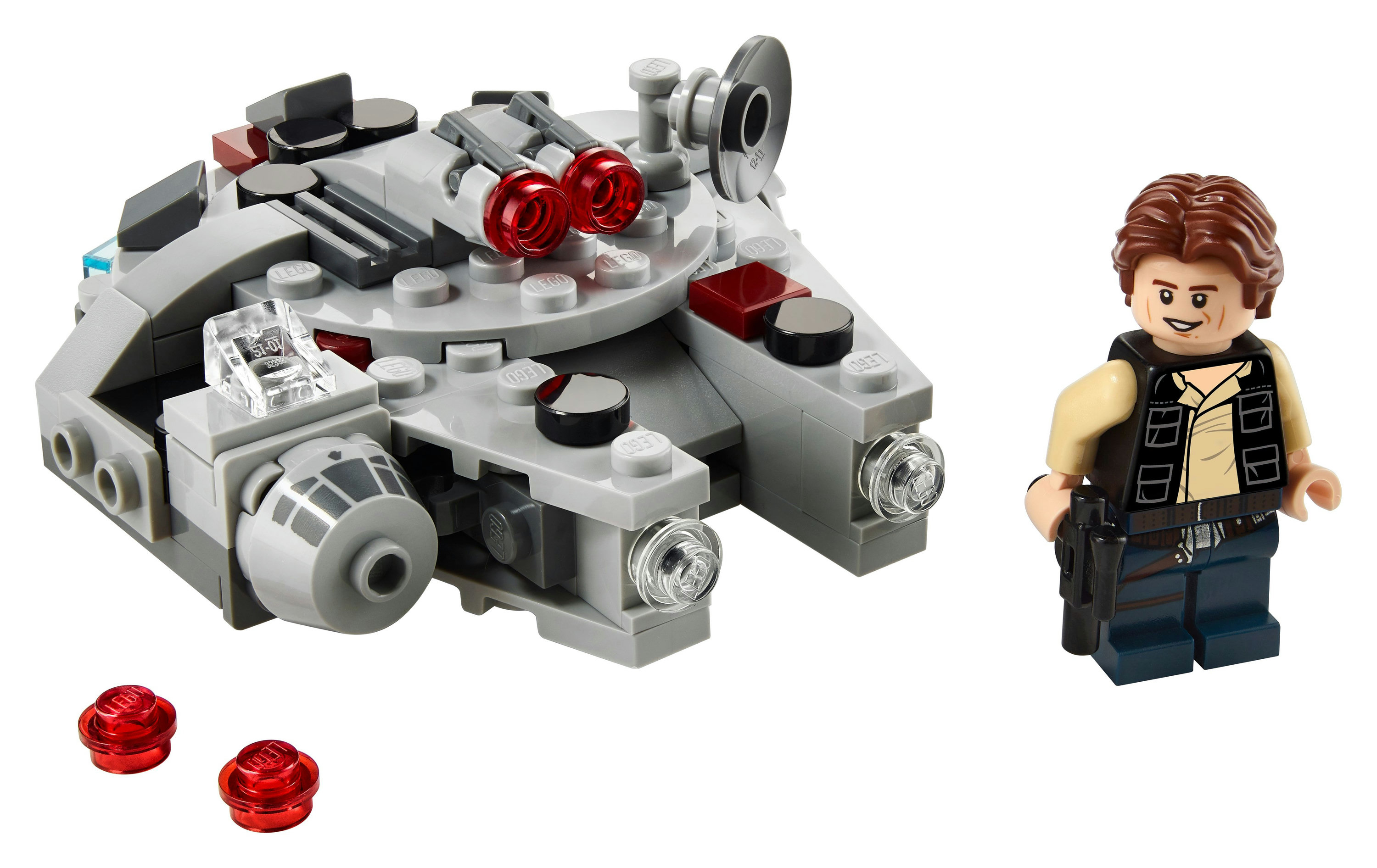 Lego Star Wars Set: Millennium Falke. Enthält Han Solo Minifigur. Grauer Lego Hintergrund.