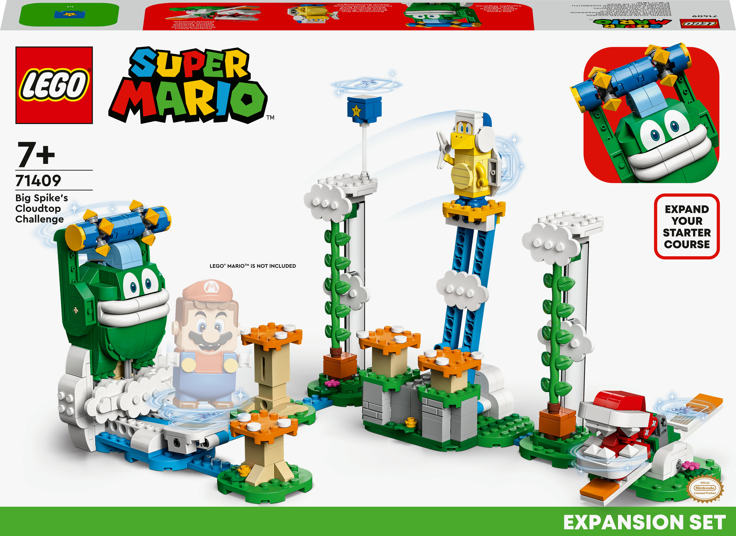 Lego Super Mario-set met een wolkenthema-level, met personages en structuren.