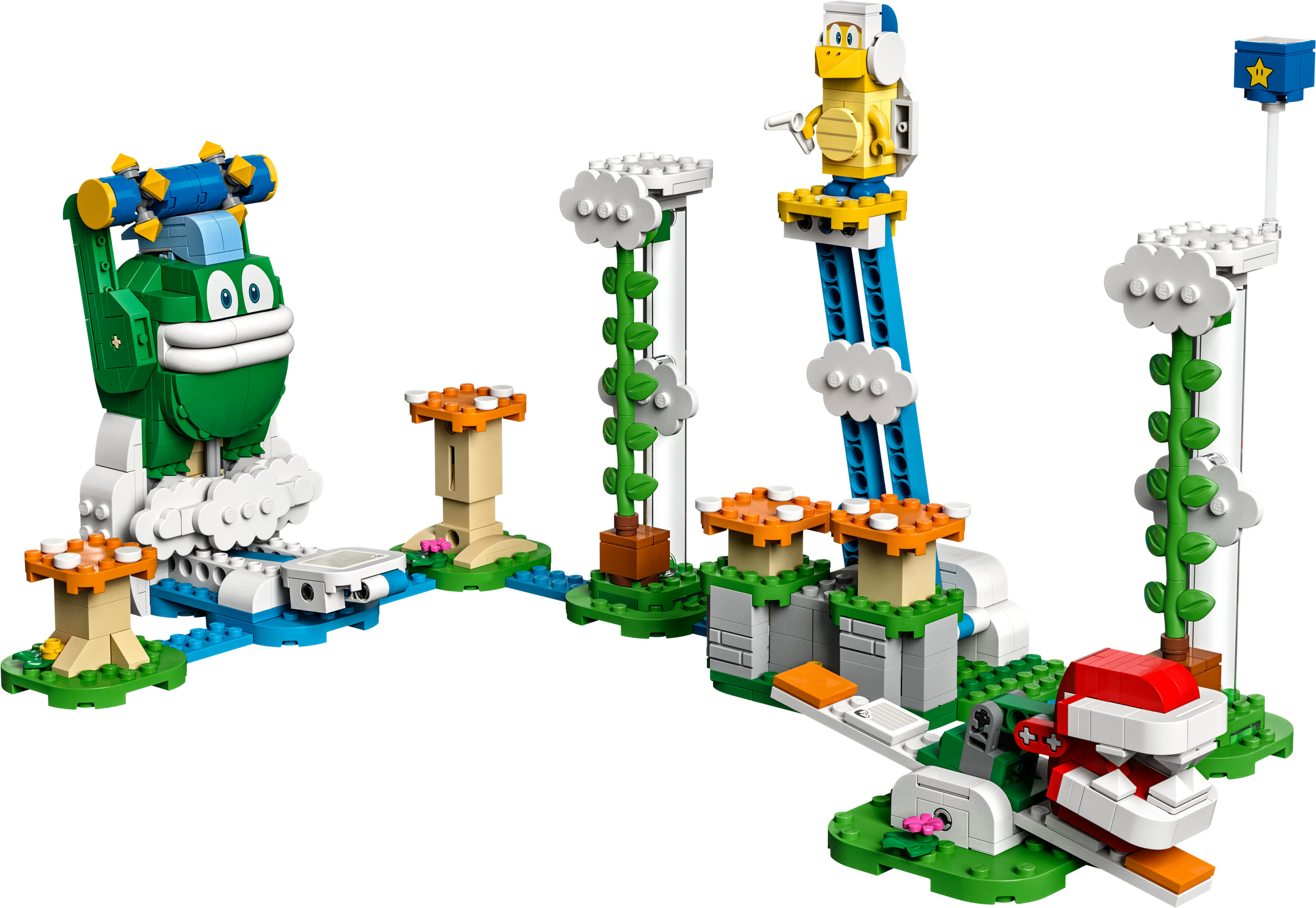 Een Lego Super Mario set met verschillende personages en een parcours met platforms, pijpen en een ster.