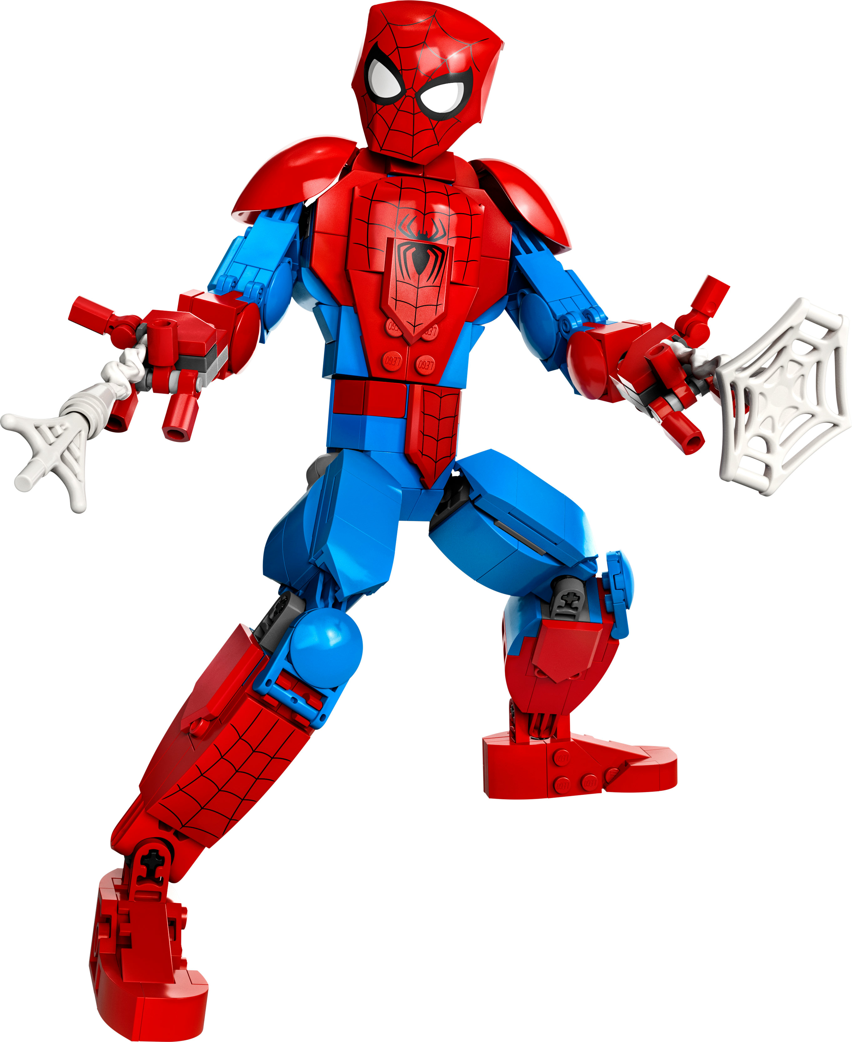 Eine Lego-Spiderman-Figur in einem rot-blauen Anzug mit Netzwerfern. Heroische Pose.