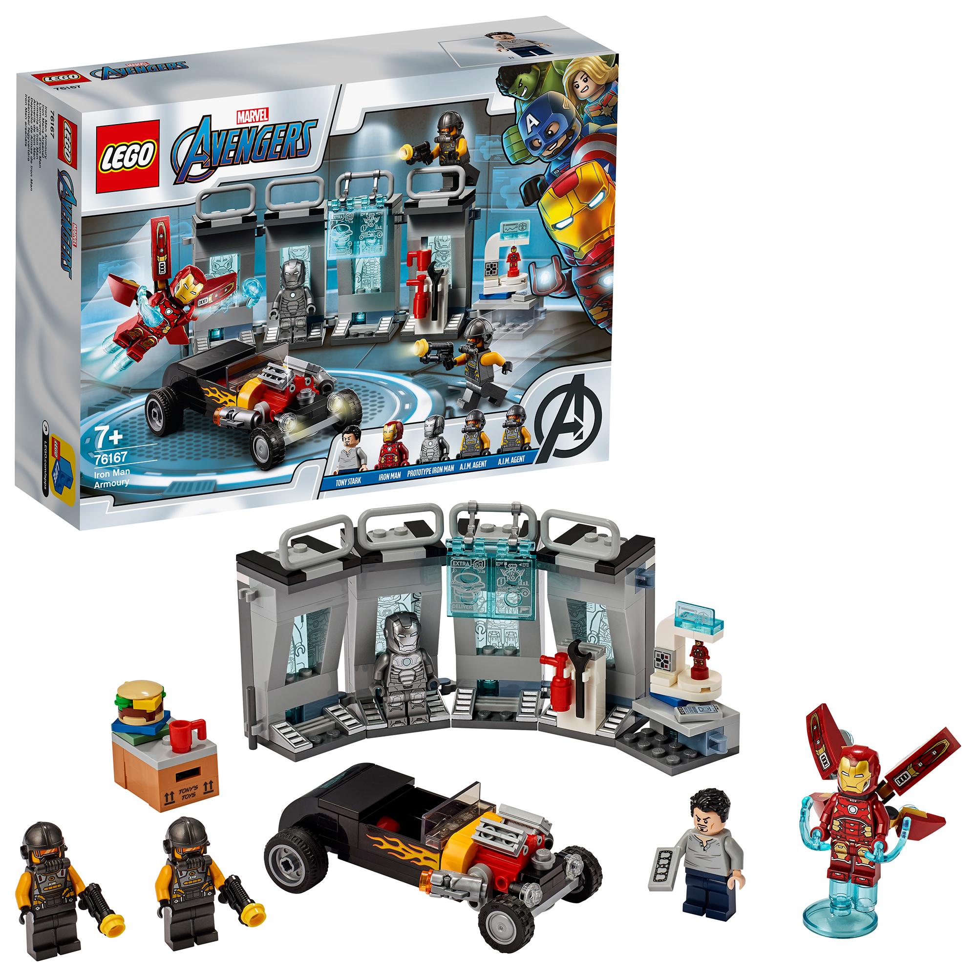 Set Lego Avengers con Iron Man e altri personaggi in una scena di laboratorio.