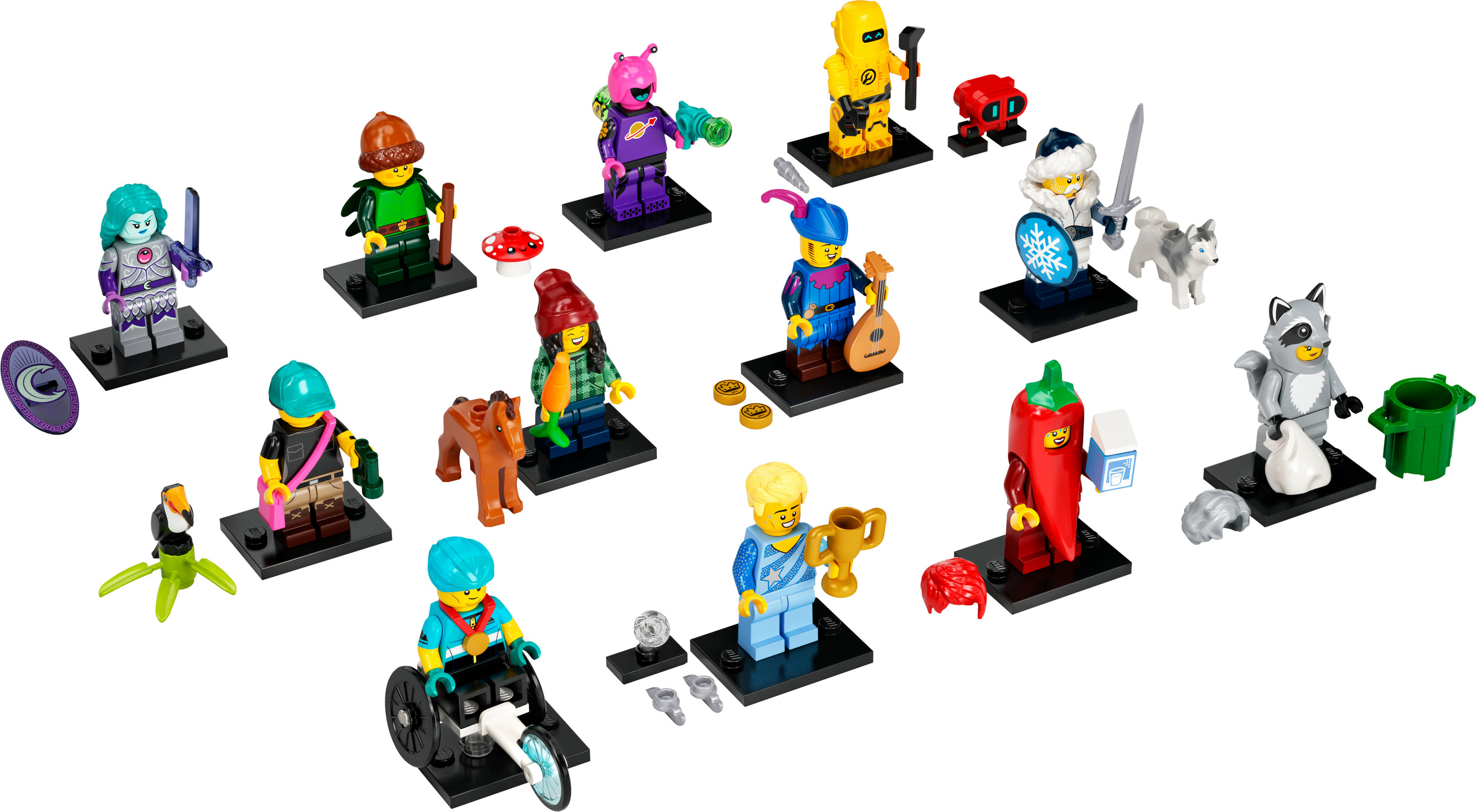 Dargestellte Lego-Minifiguren, verschiedene Charaktere mit Zubehör wie Schwert, Hund und Chili.