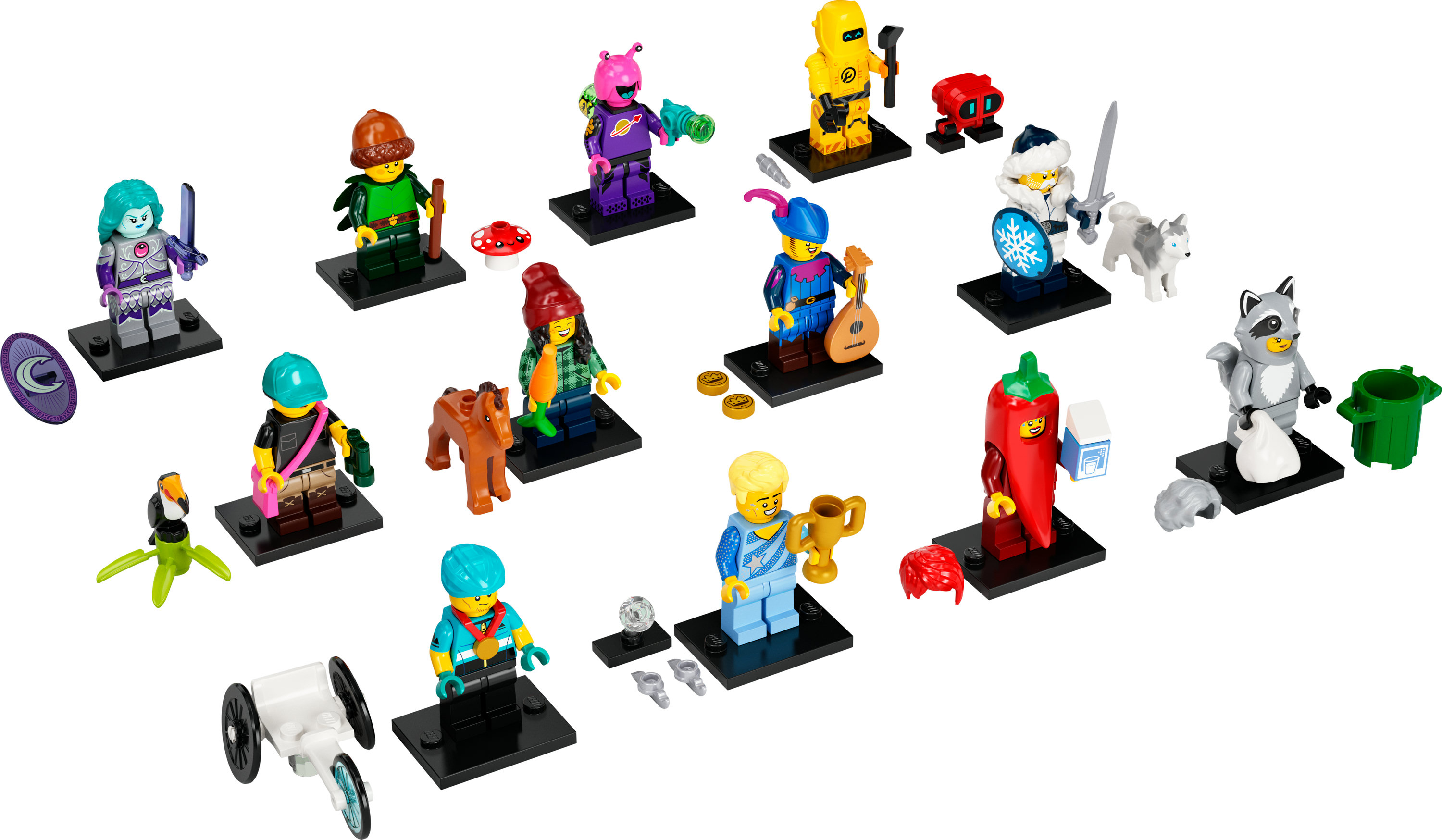 Lego Minifiguren Set mit verschiedenen Charakteren, jeweils auf einem Ständer, mit Zubehör.