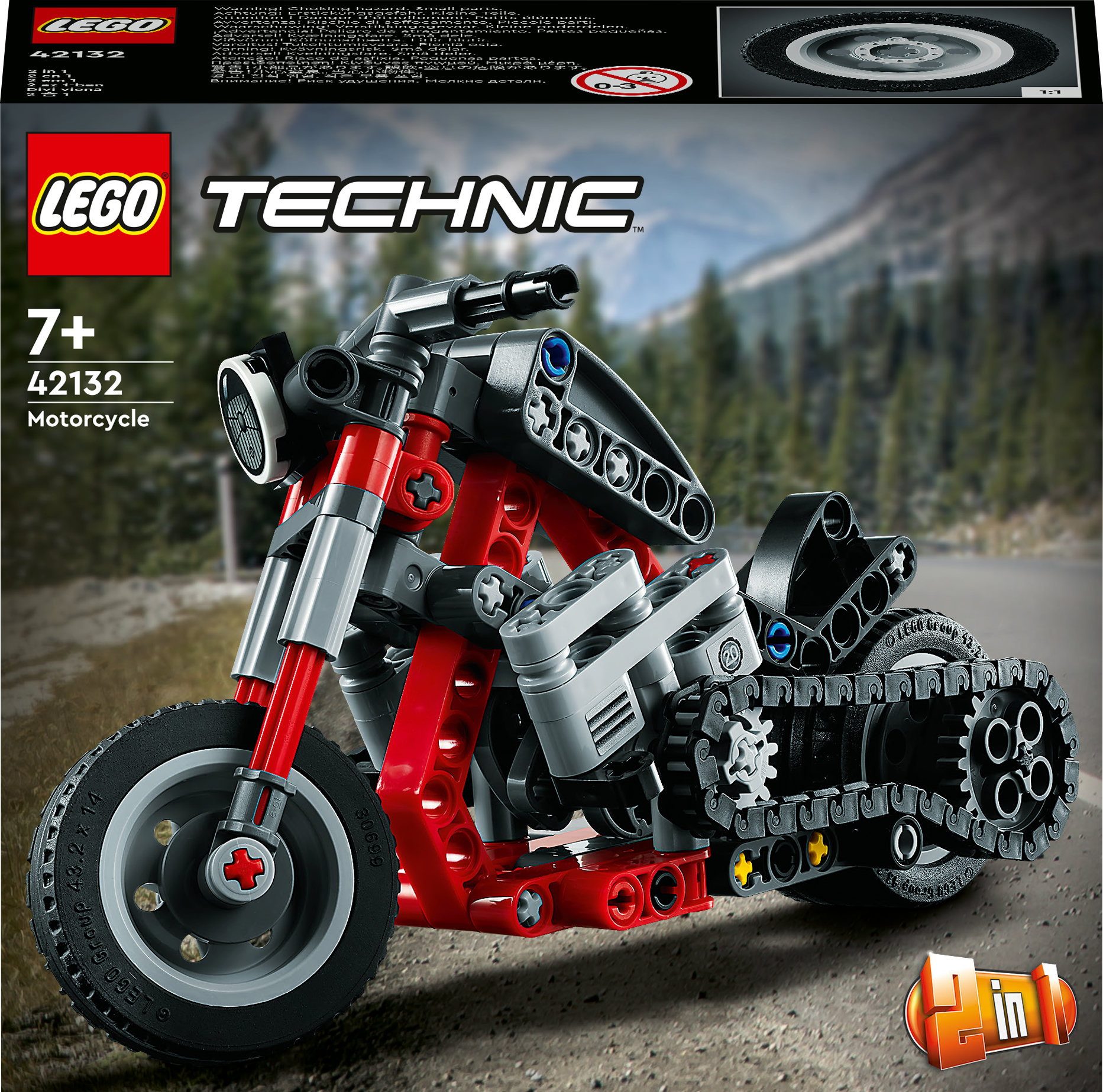 Detaylı bir motor ve lastiğe sahip, siyah ve kırmızı bir LEGO Technic motosiklet modeli.