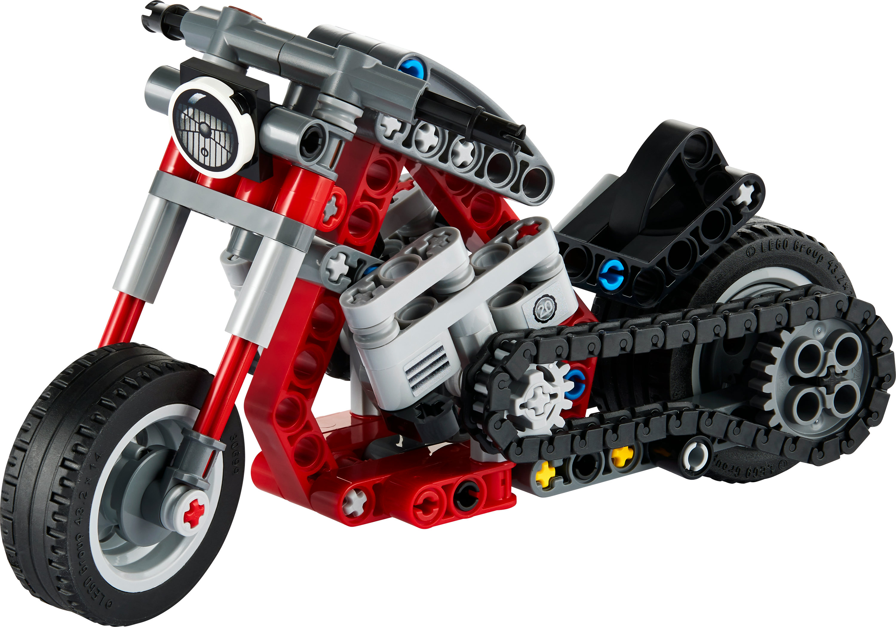 Bir Lego Technic motosikleti. Siyah ve gümüş detaylarla kırmızı çerçeve.