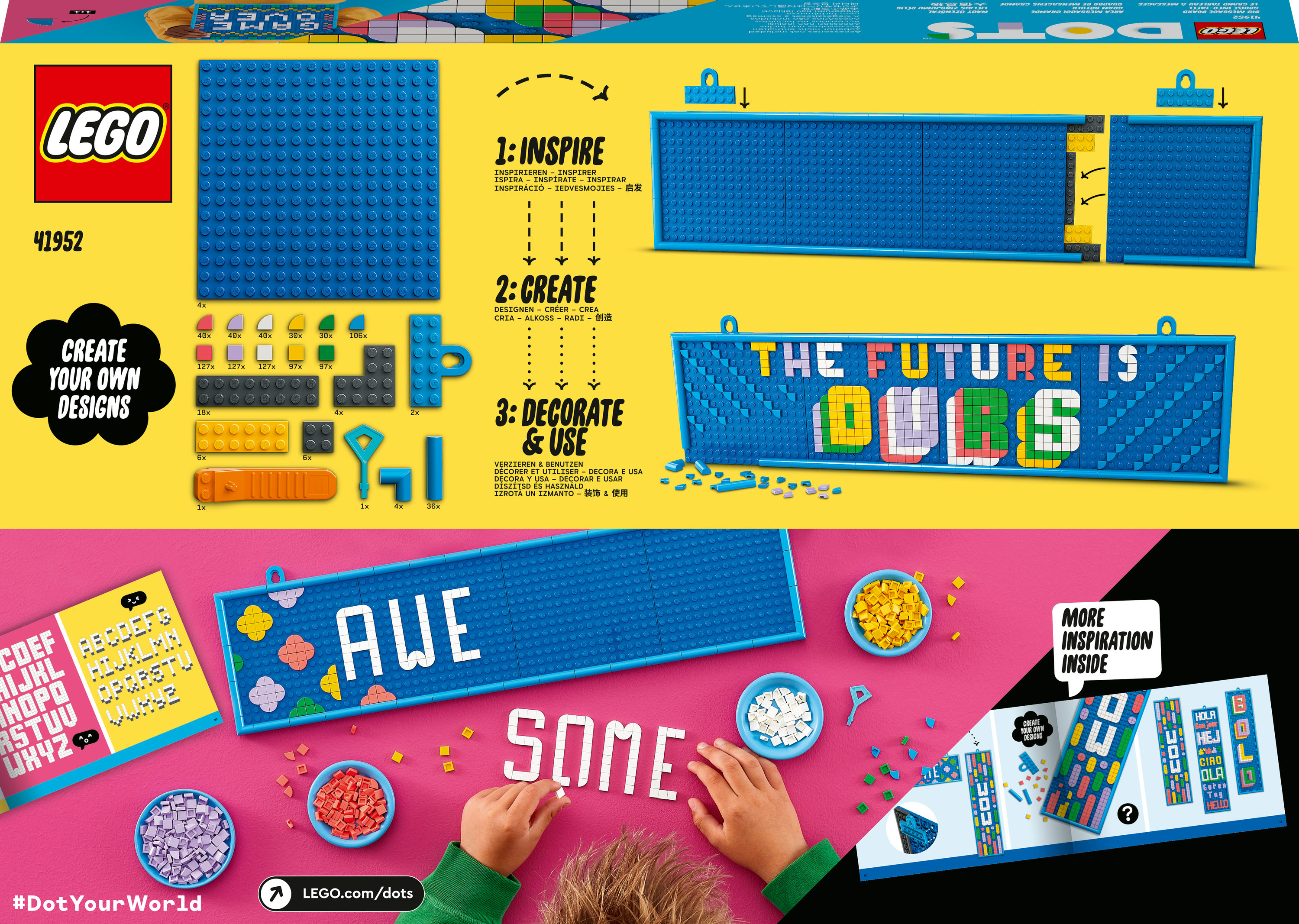 Lego Dots Set mit blauer Basis, Fliesen und Anleitungen zum Gestalten. Farbenfroh und kreativ.