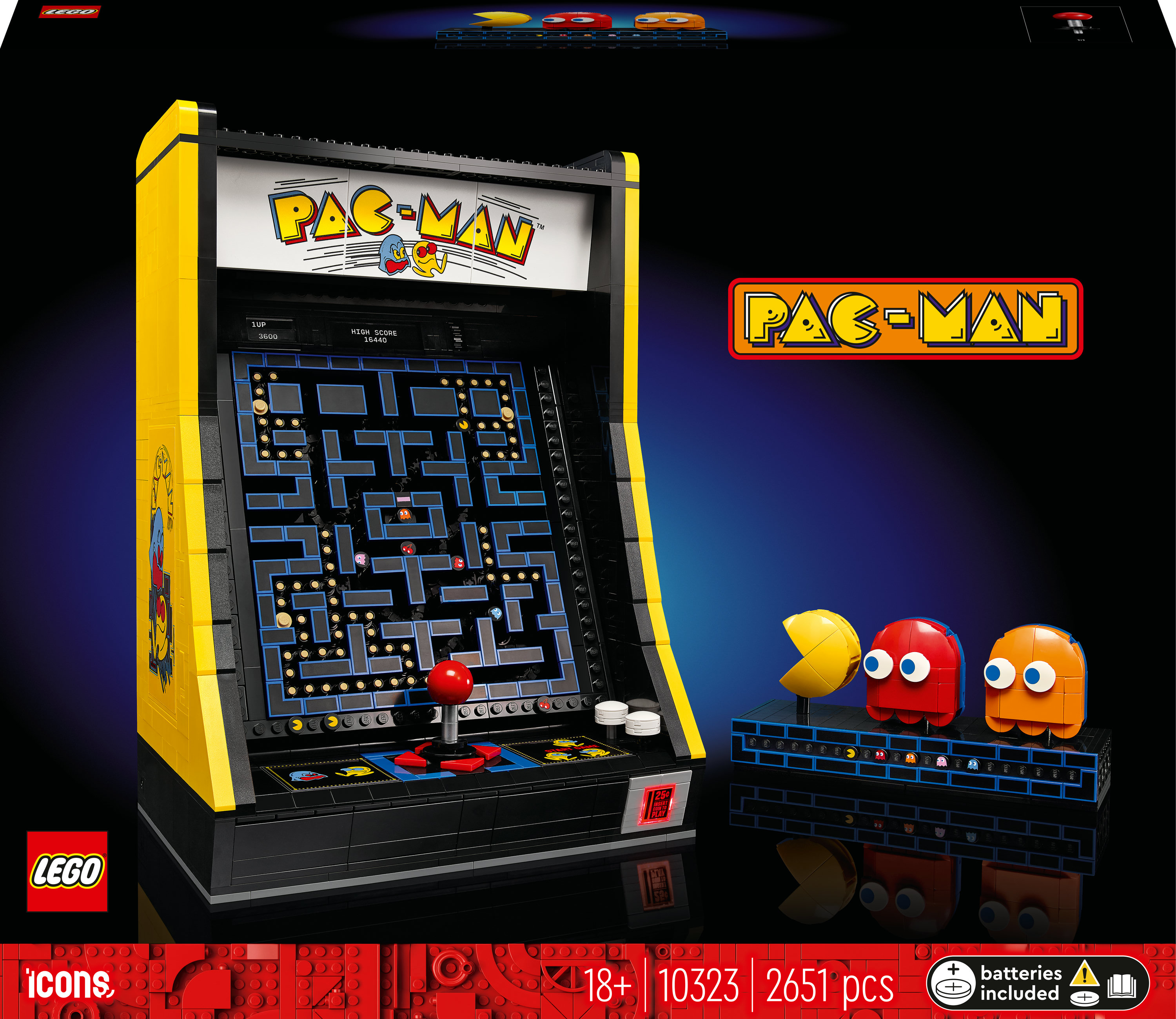 LEGO PAC-MAN Arcade-Set. Gelb-schwarzer Spielautomat mit Bildschirm und Pac-Man-Figuren.
