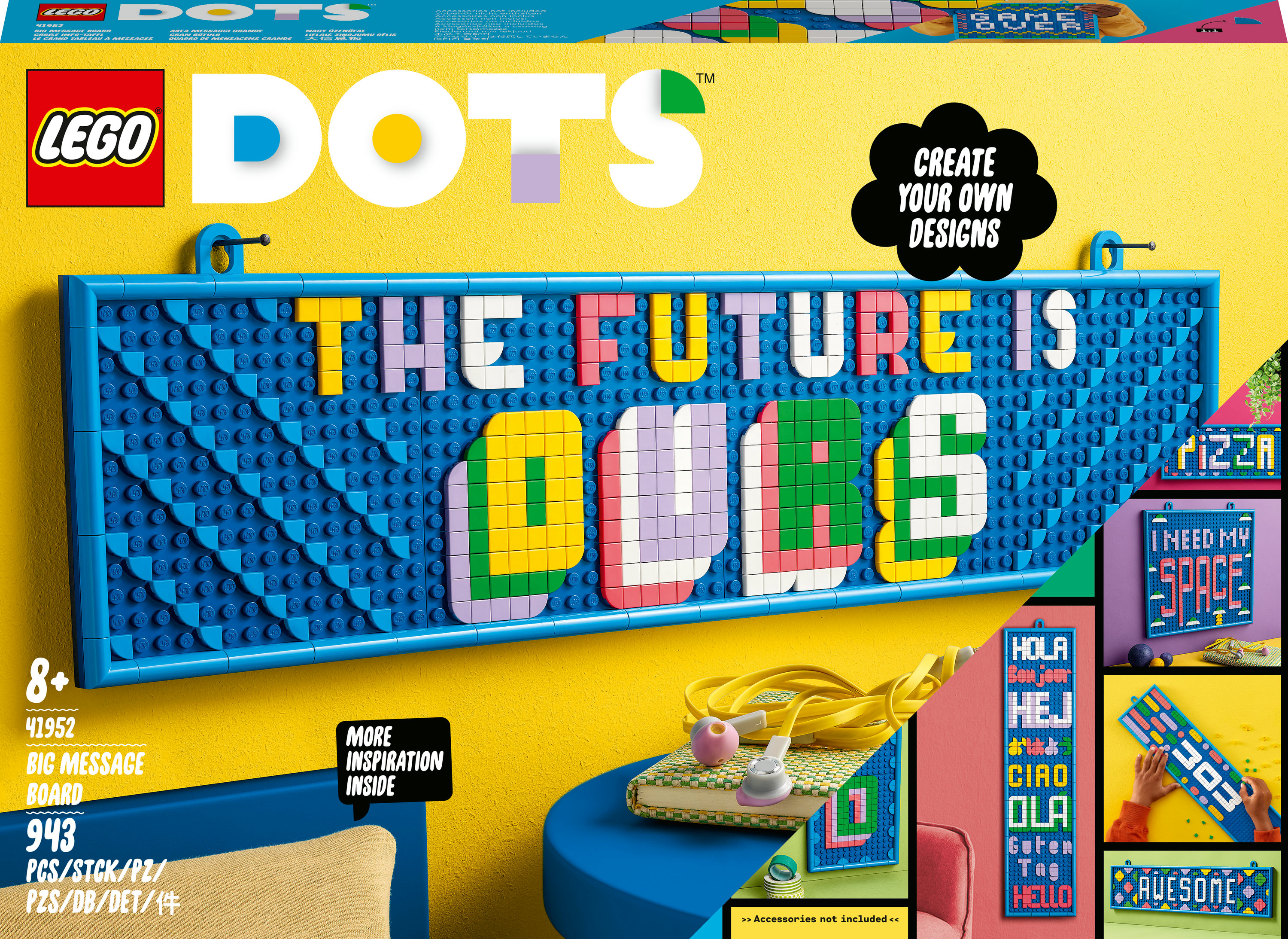 Lego Dots Big Message Board Set. Bunte Kacheln erstellen Text und Designs auf einer blauen Tafel.